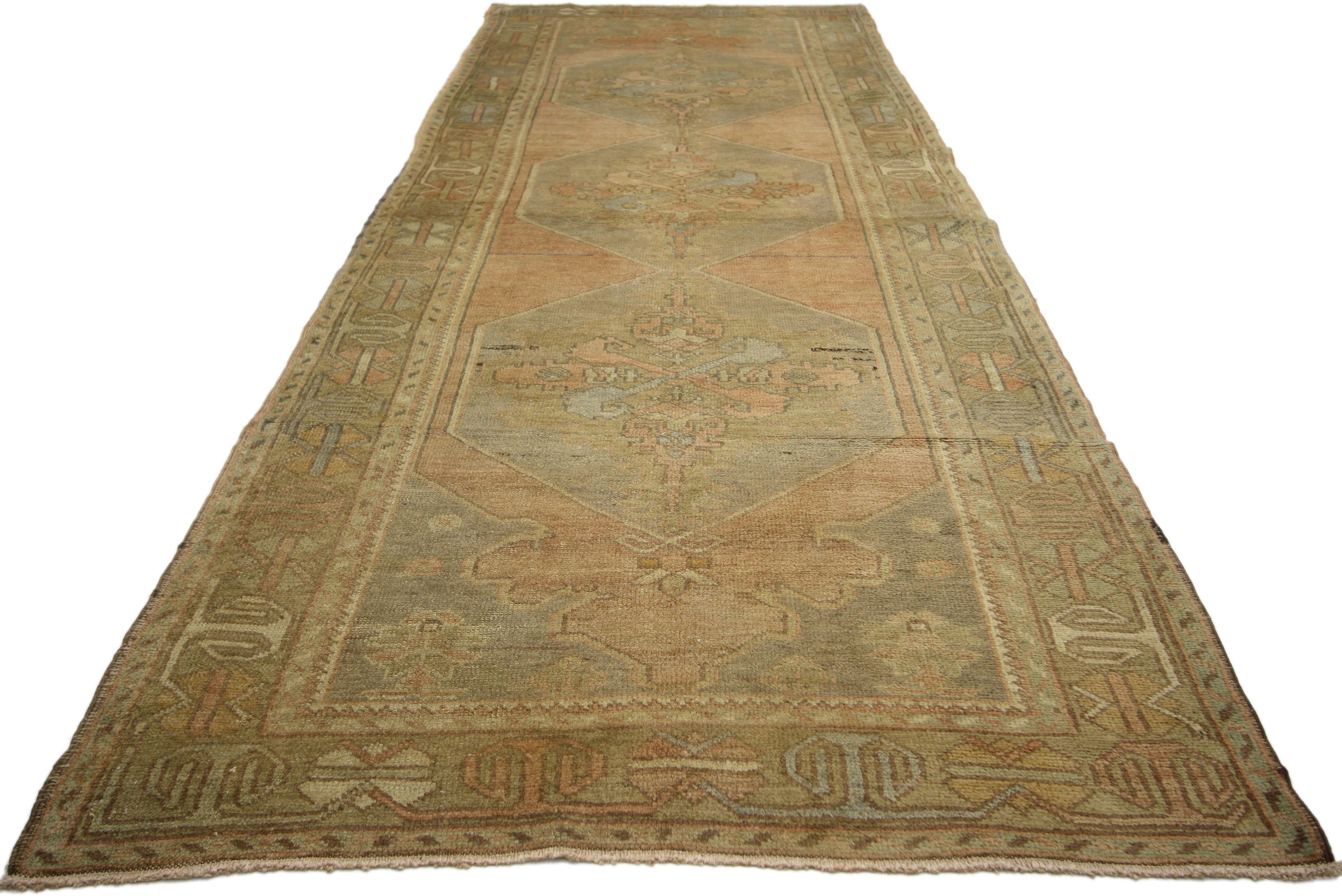 Hand-Knotted Vintage Turkish Oushak Runner with Modern Rustic Artisan Style, Hallway Runner For Sale