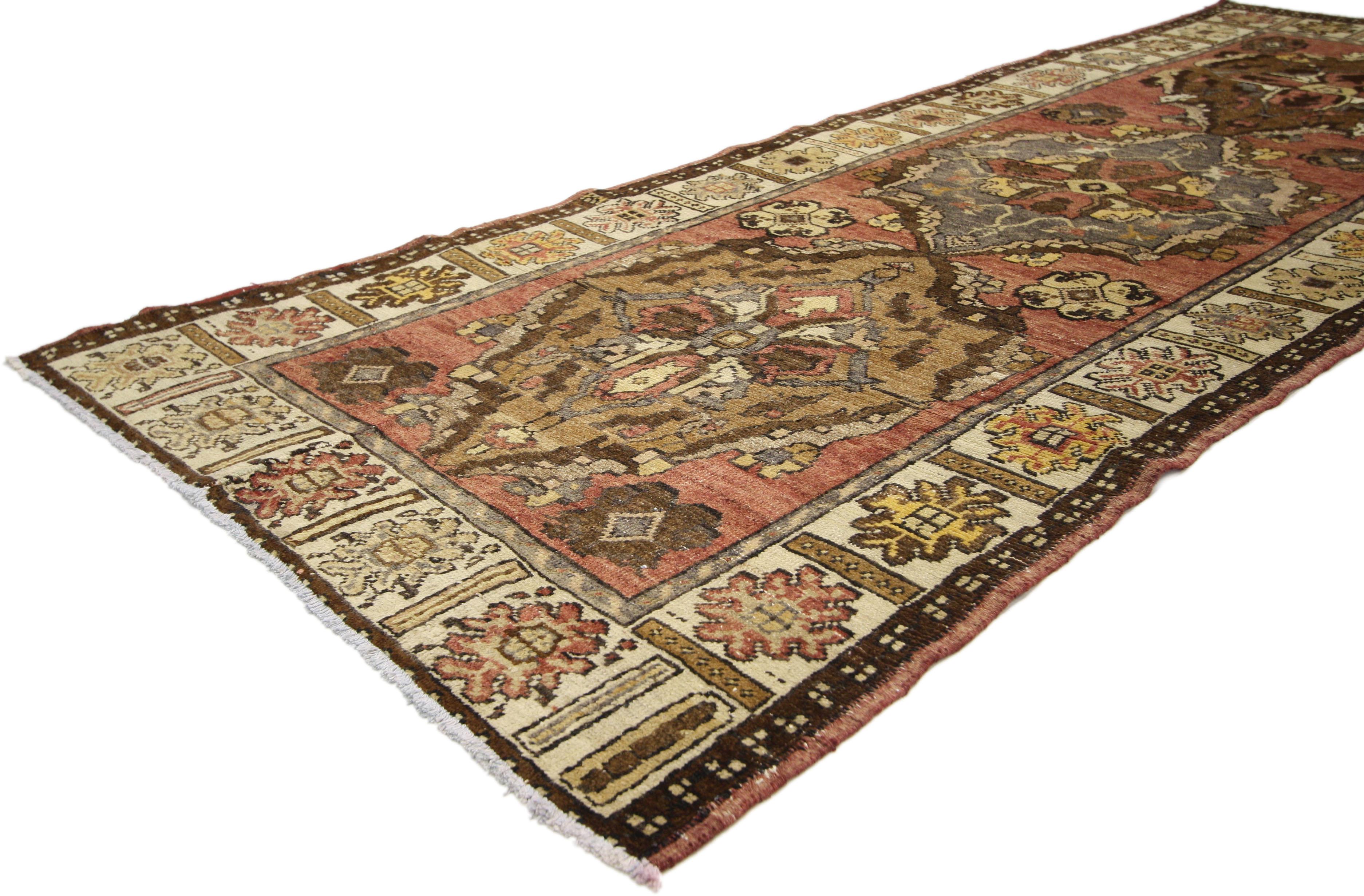 Hand-Knotted Rustic Style Vintage Turkish Oushak Runner, Hallway Runner For Sale