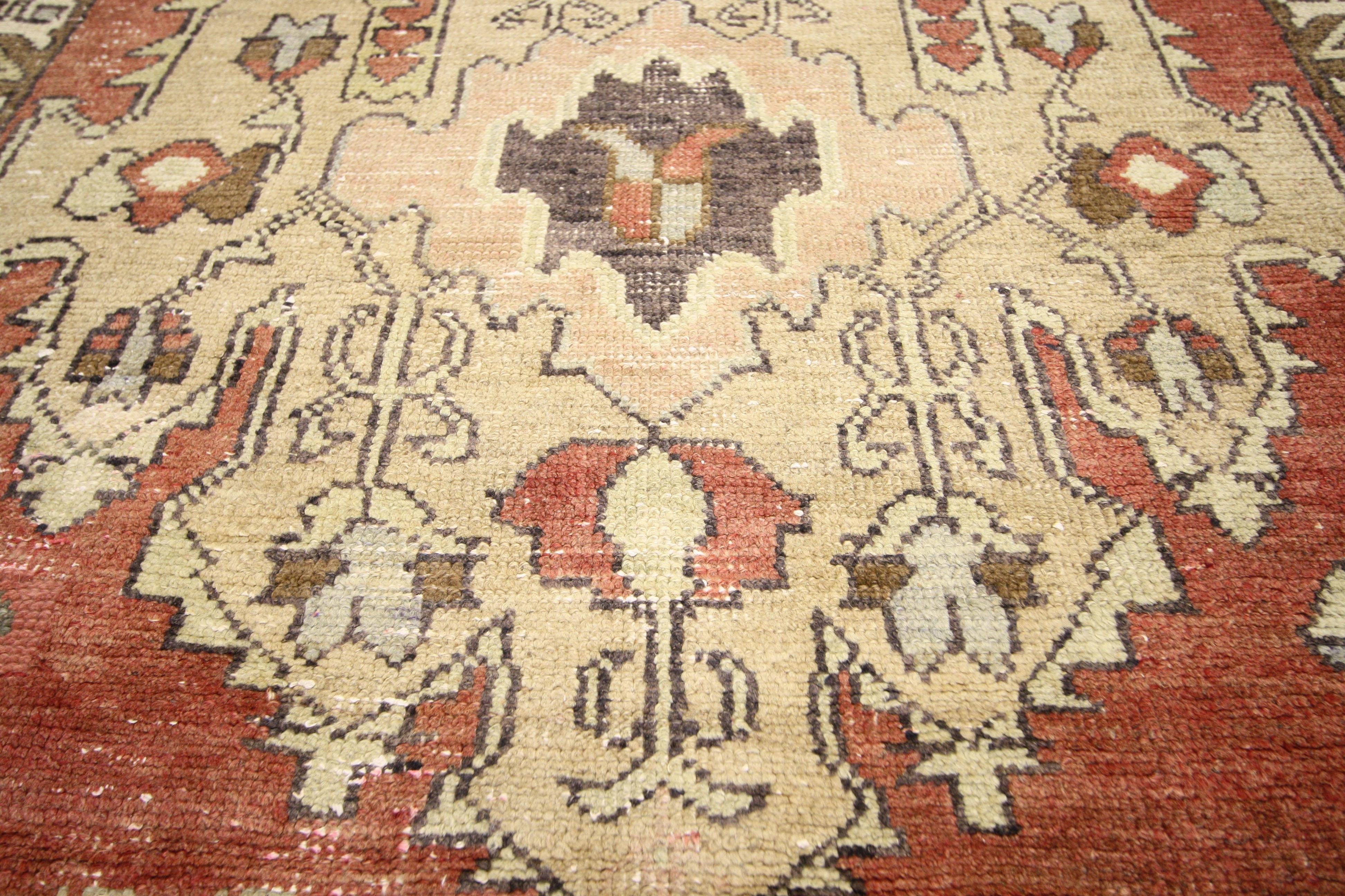 Hand-Knotted Rustic Style Vintage Turkish Oushak Runner, Hallway Runner For Sale