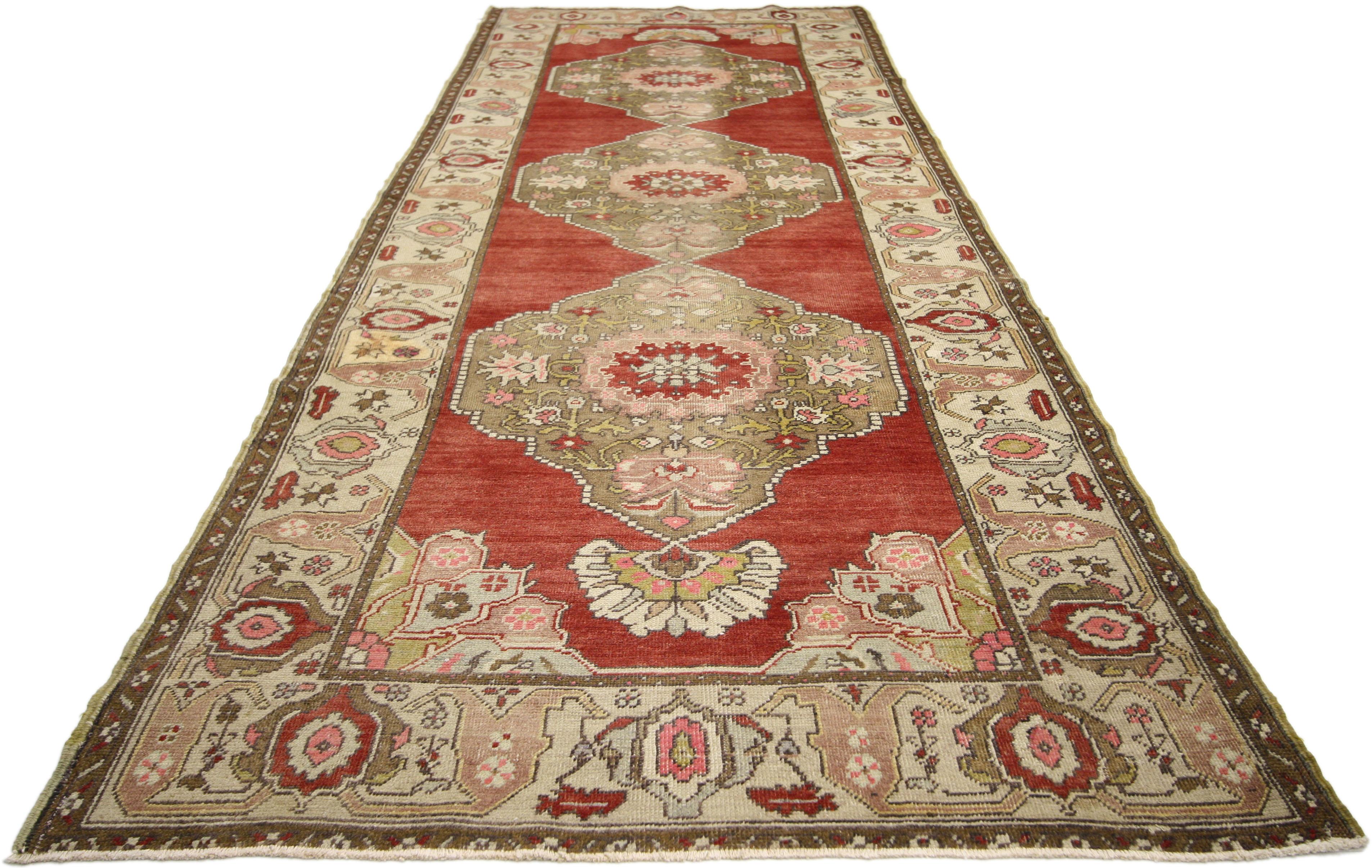 Hand-Knotted Rustic Style Vintage Turkish Oushak Runner, Hallway Runner For Sale