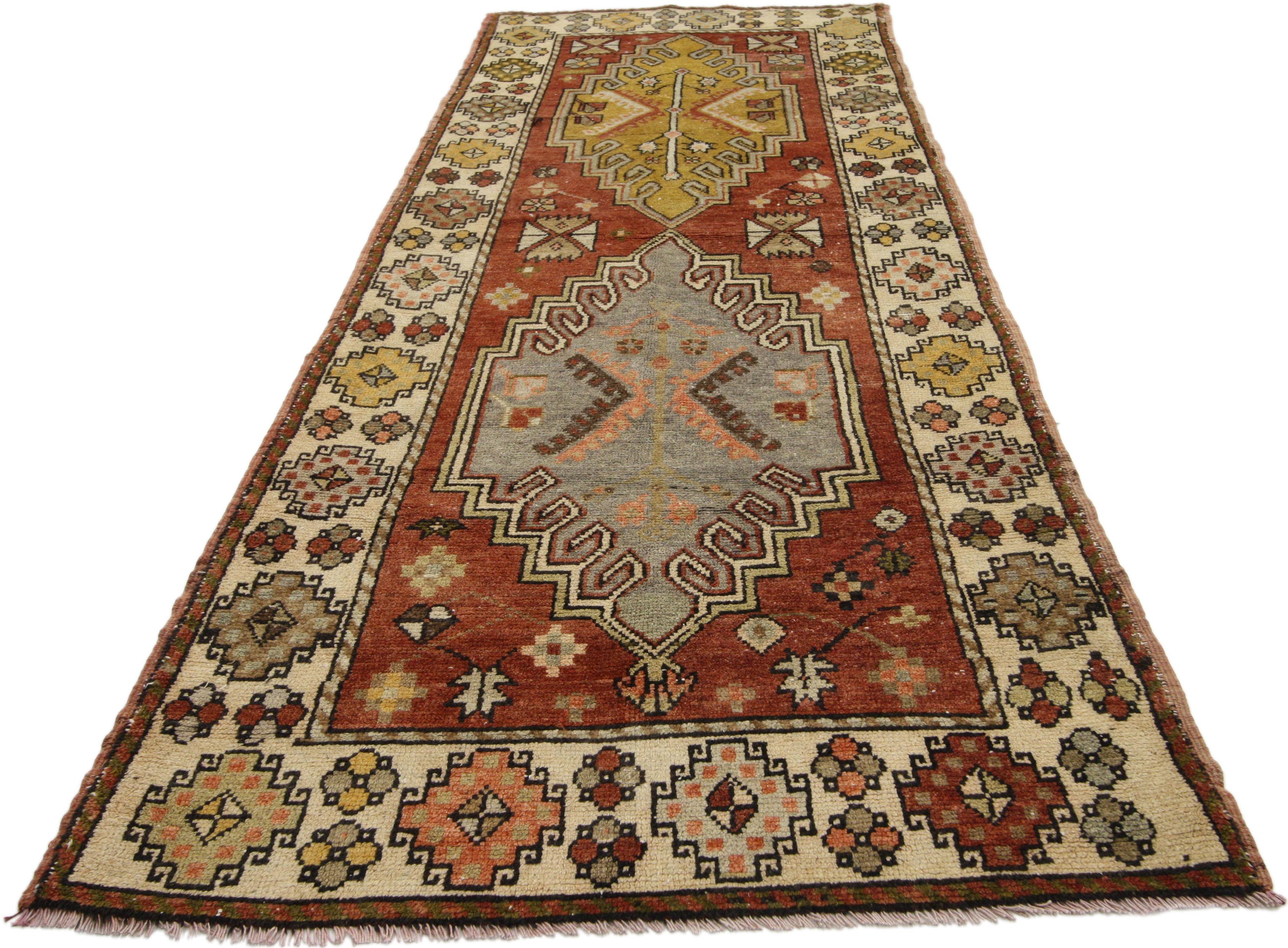 Hand-Knotted Rustic Style Vintage Turkish Oushak Runner, Hallway Runner For Sale