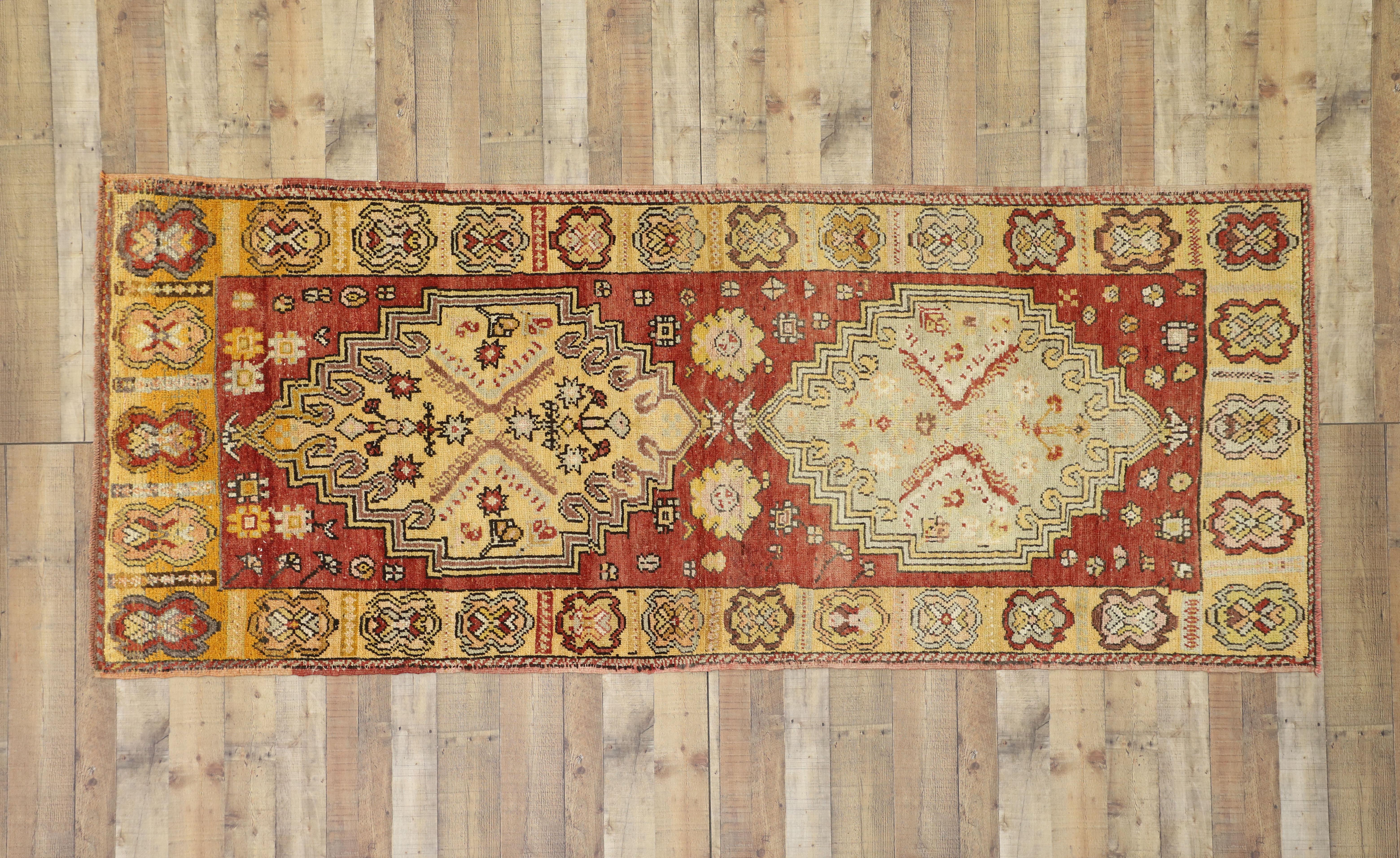 Hand-Knotted Rustic Style Vintage Turkish Oushak Runner, Hallway Runner For Sale