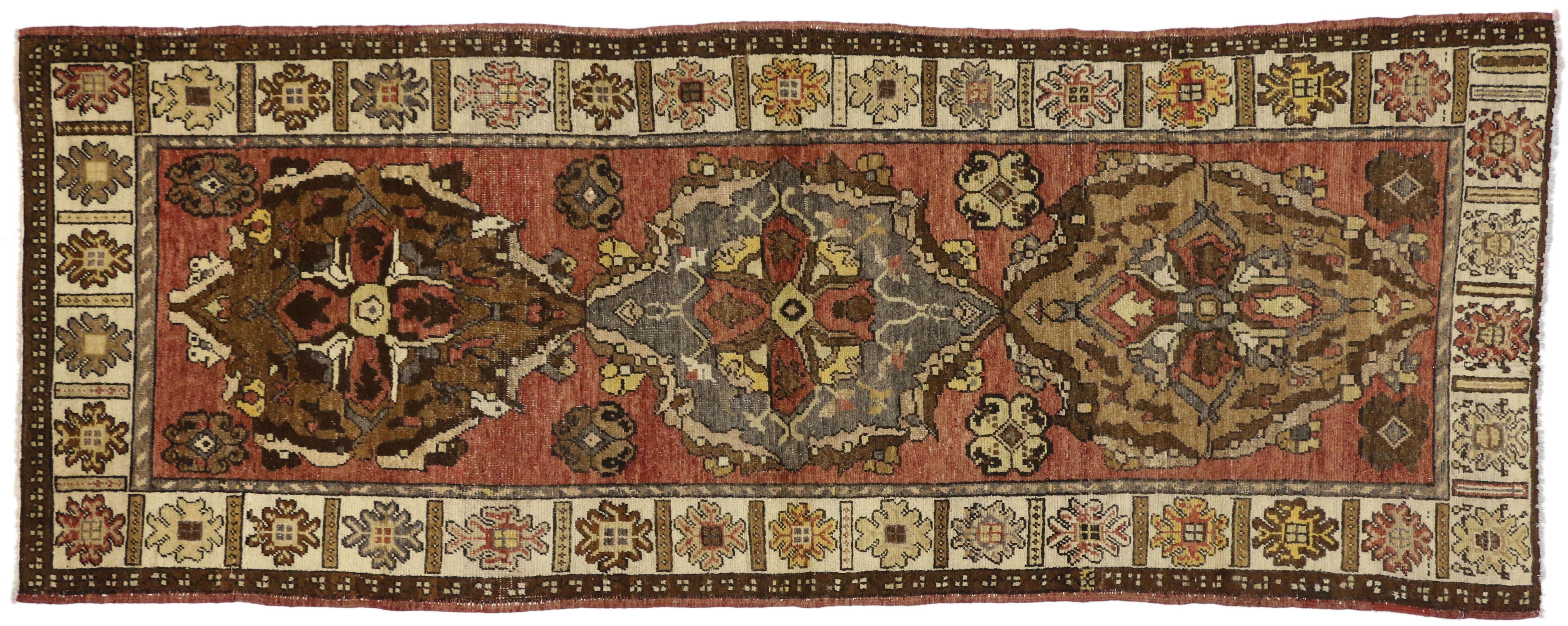 Wool Rustic Style Vintage Turkish Oushak Runner, Hallway Runner For Sale