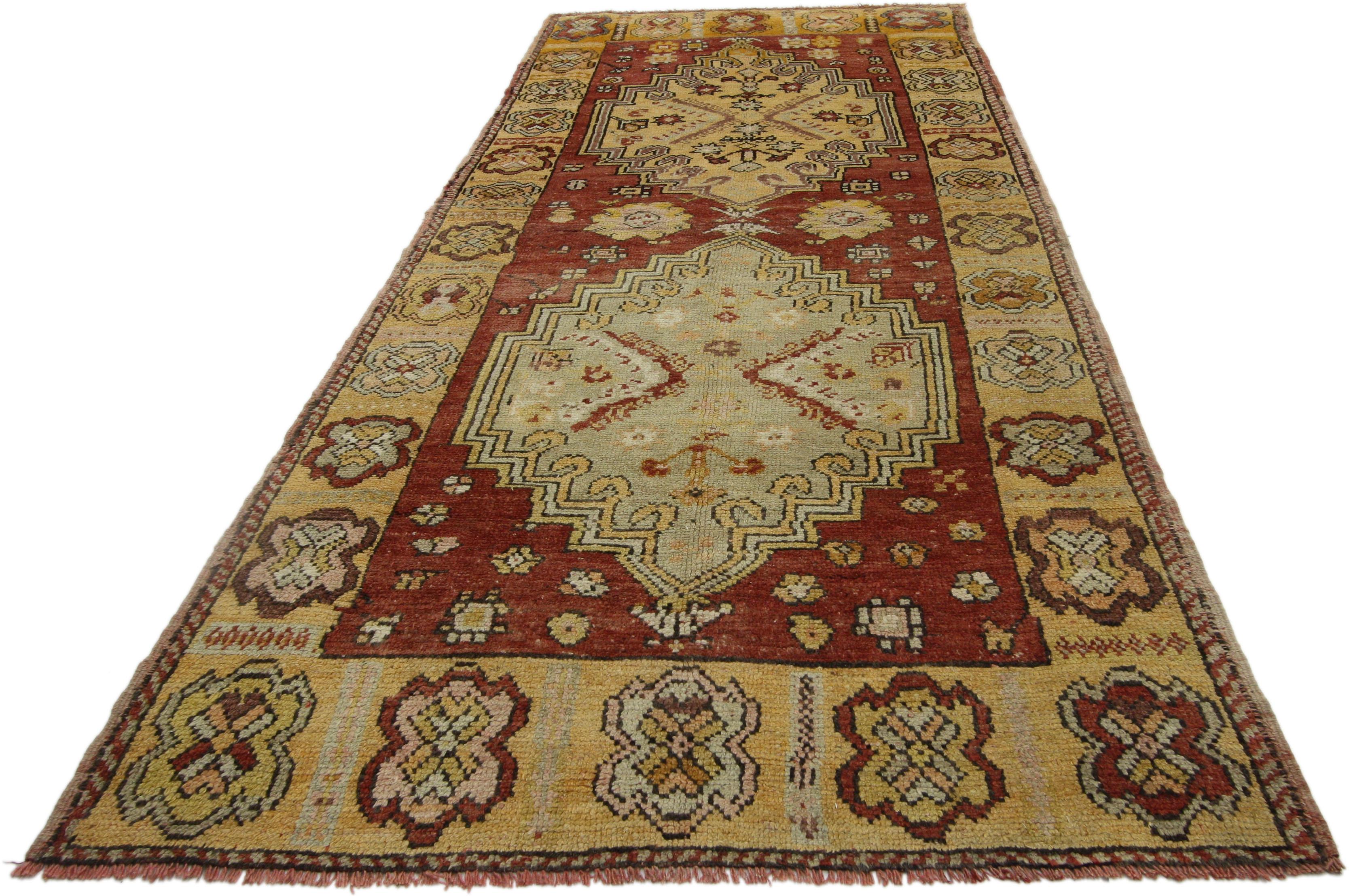 Wool Rustic Style Vintage Turkish Oushak Runner, Hallway Runner For Sale