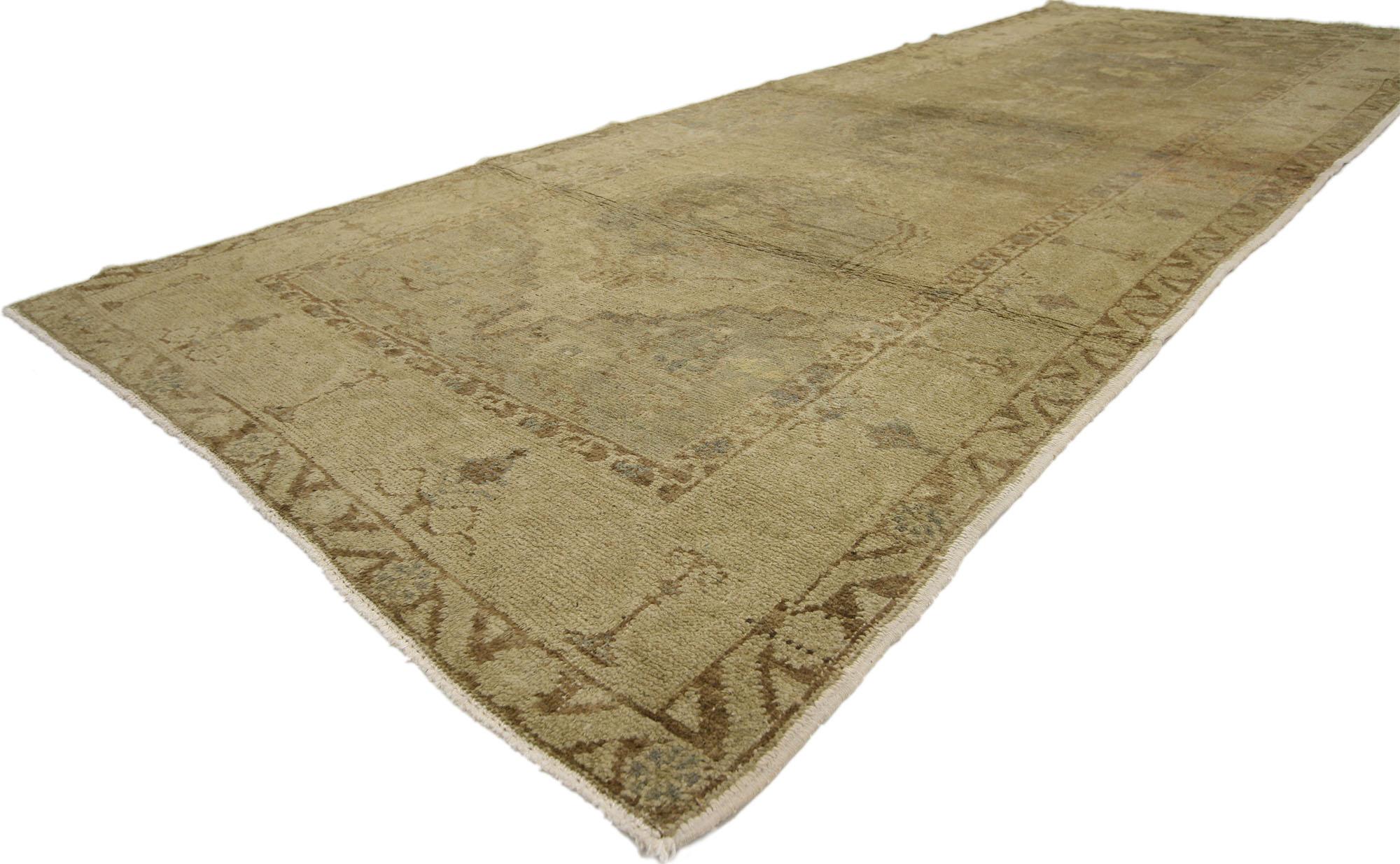 Hand-Knotted Rustic Style Vintage Turkish Oushak Runner, Hallway Runner For Sale