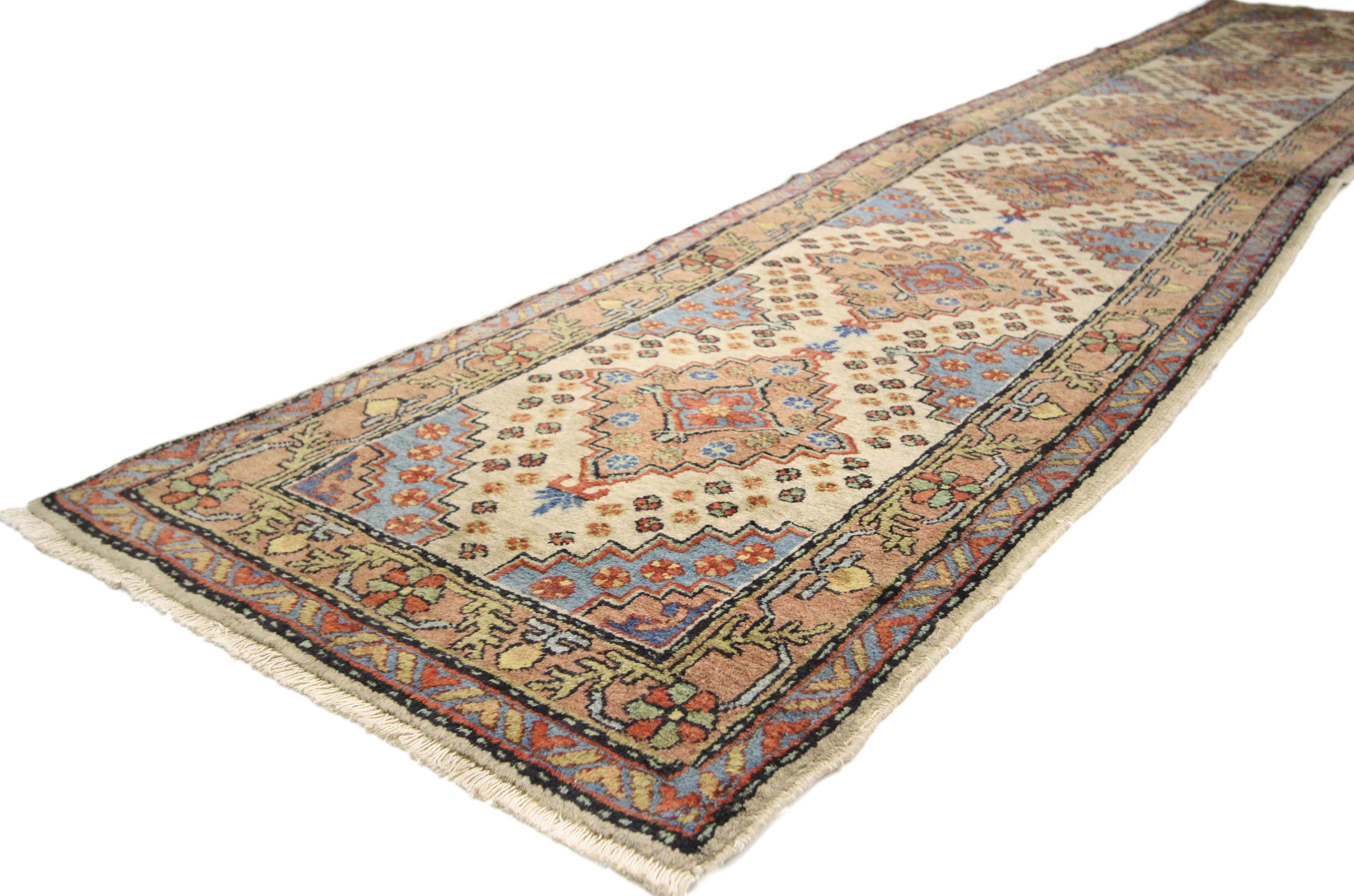 Hand-Knotted Rustic Style Vintage Turkish Oushak Runner, Narrow Hallway Runner