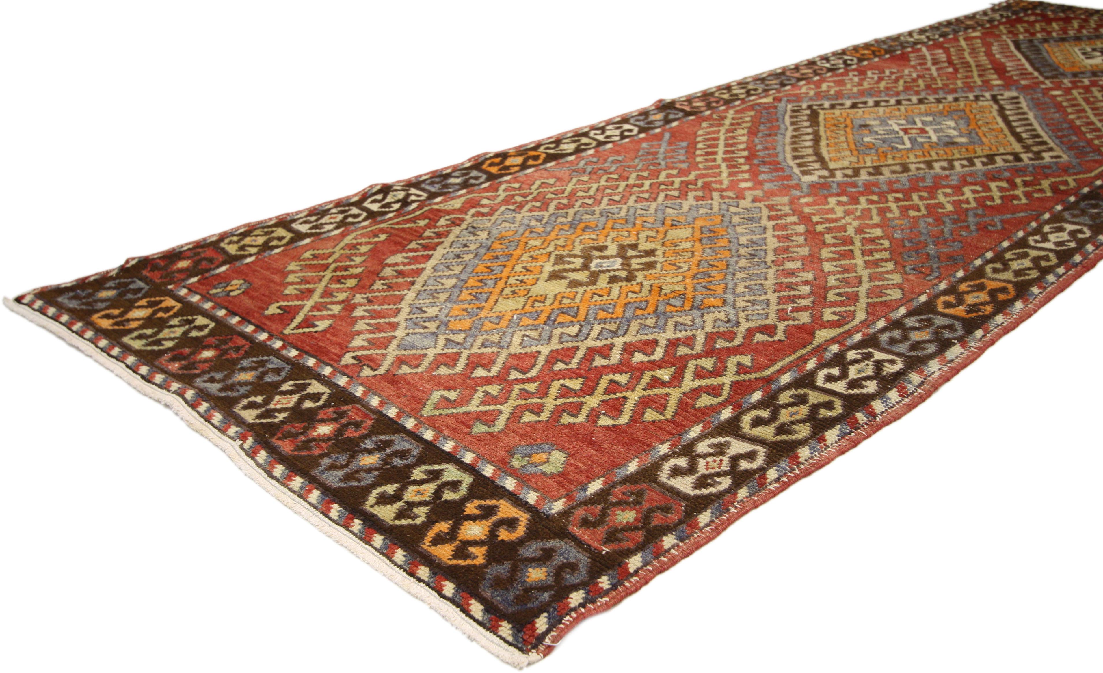 Hand-Knotted Rustic Style Vintage Turkish Oushak Runner, Tribal Hallway Runner  For Sale