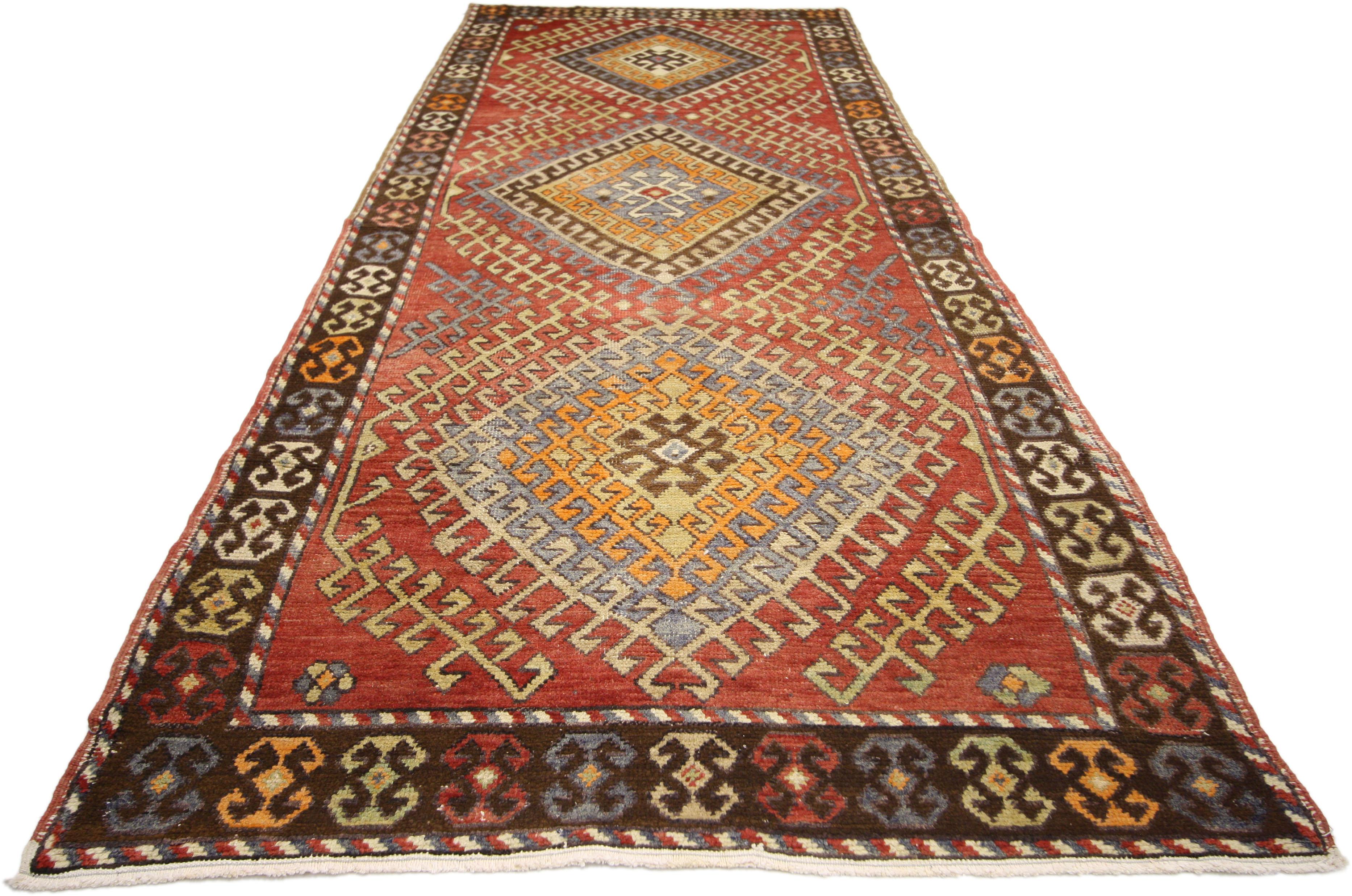 20th Century Rustic Style Vintage Turkish Oushak Runner, Tribal Hallway Runner  For Sale