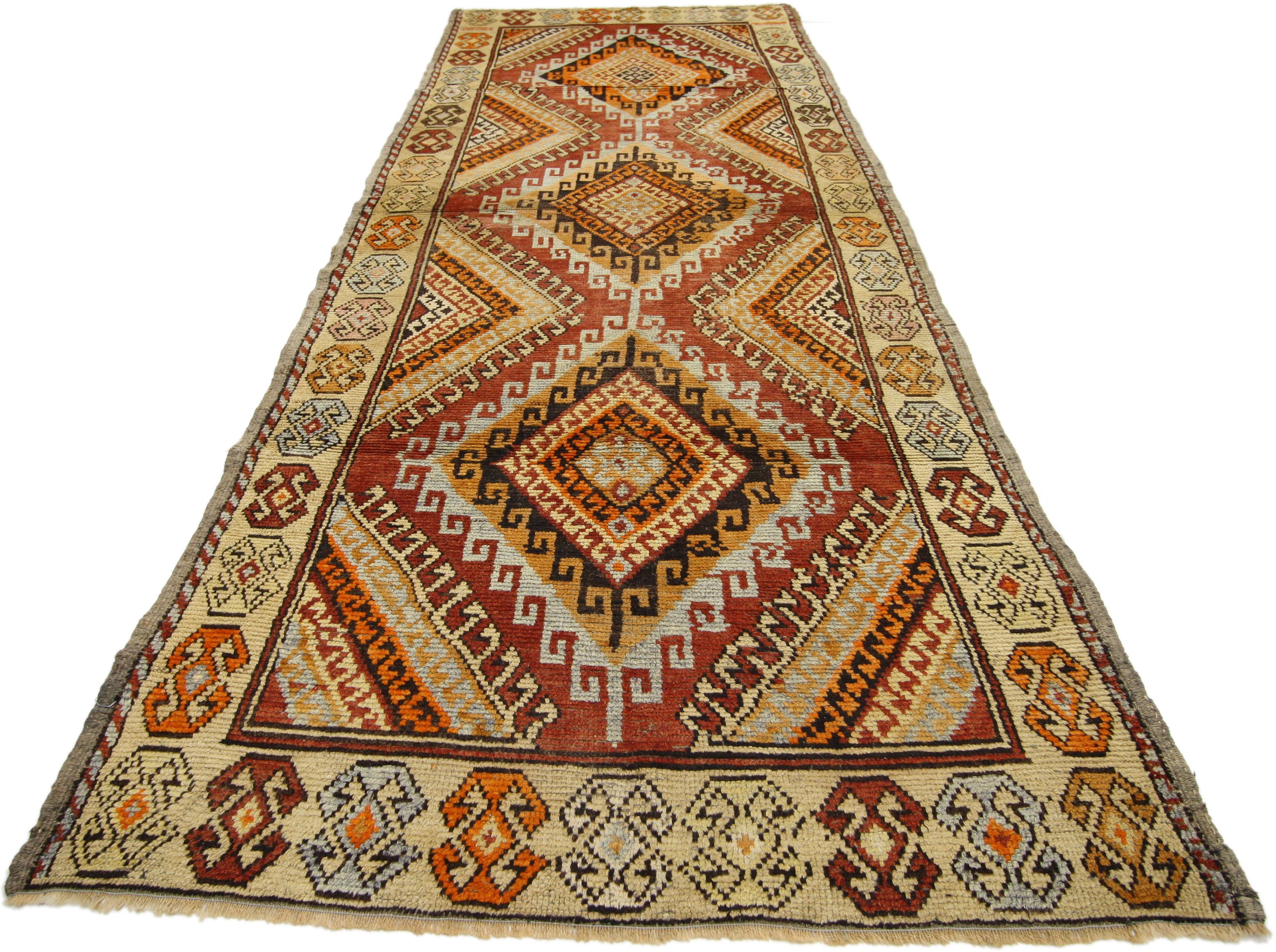Hand-Knotted Rustic Style Vintage Turkish Oushak Runner with Modern Tribal Design For Sale