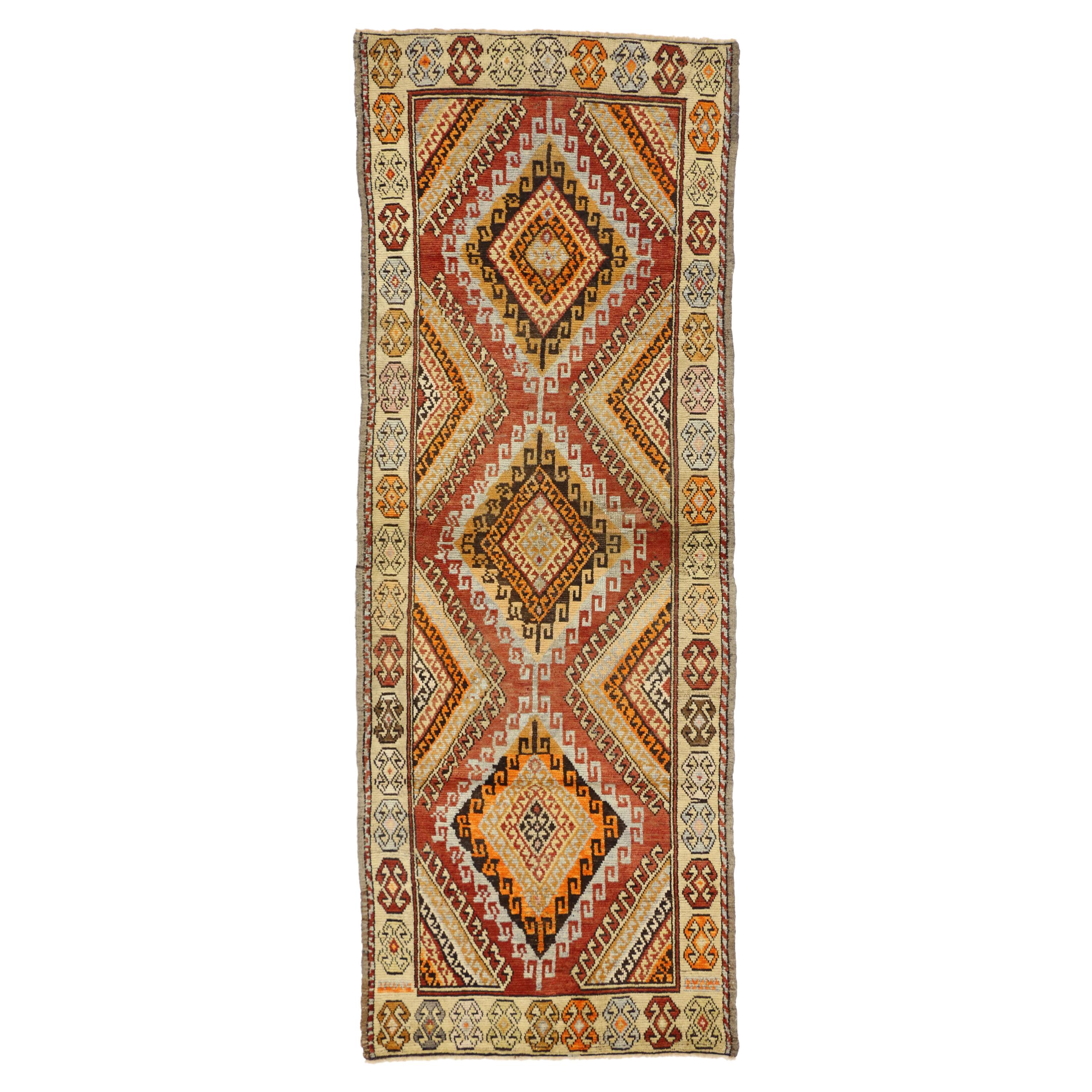 Rustic Style Vintage Turkish Oushak Runner with Modern Tribal Design For Sale