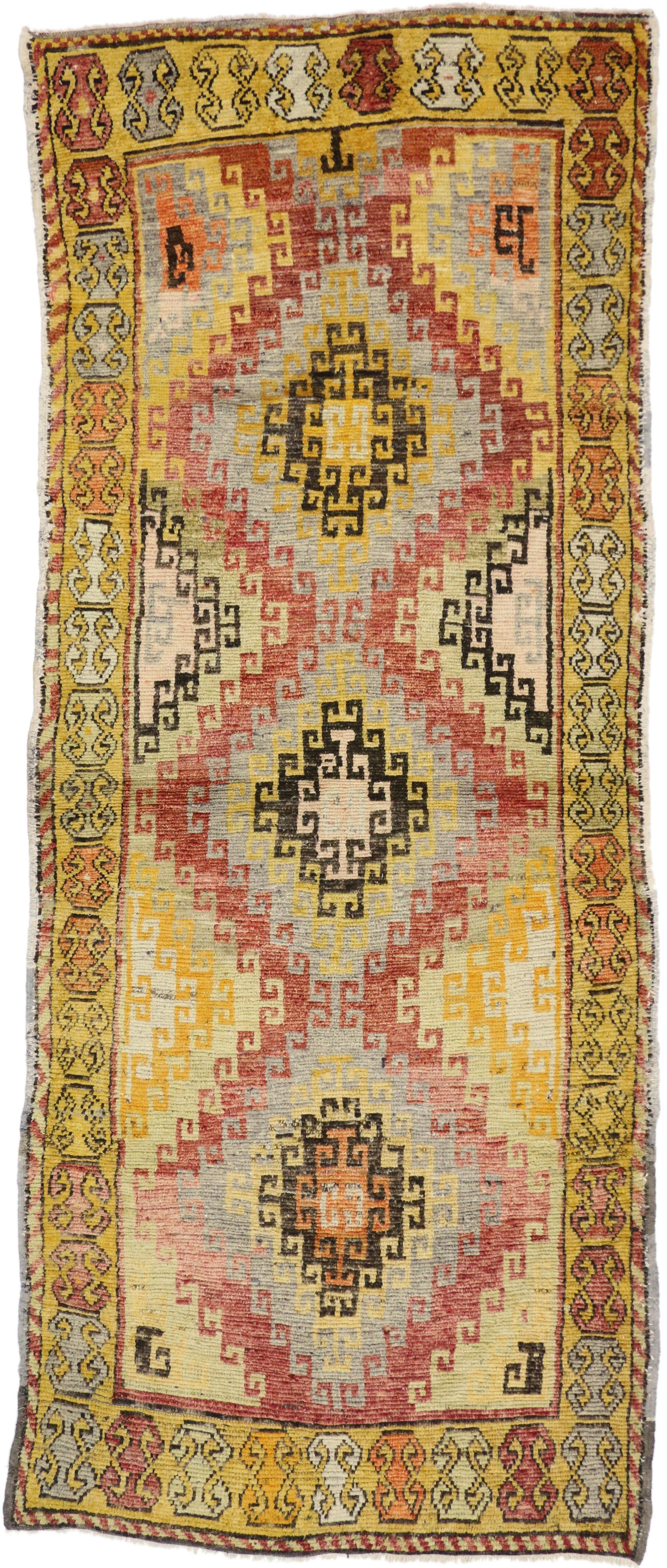 50224 Antique Turkish Oushak Runner with Mid-Century Modern Tribal Style, Hallway Carpet Runner 04'01 x 10'00. With vibrant colors, bold geometric forms, and primitive charm, this hand knotted wool antique Turkish Oushak runner manages to