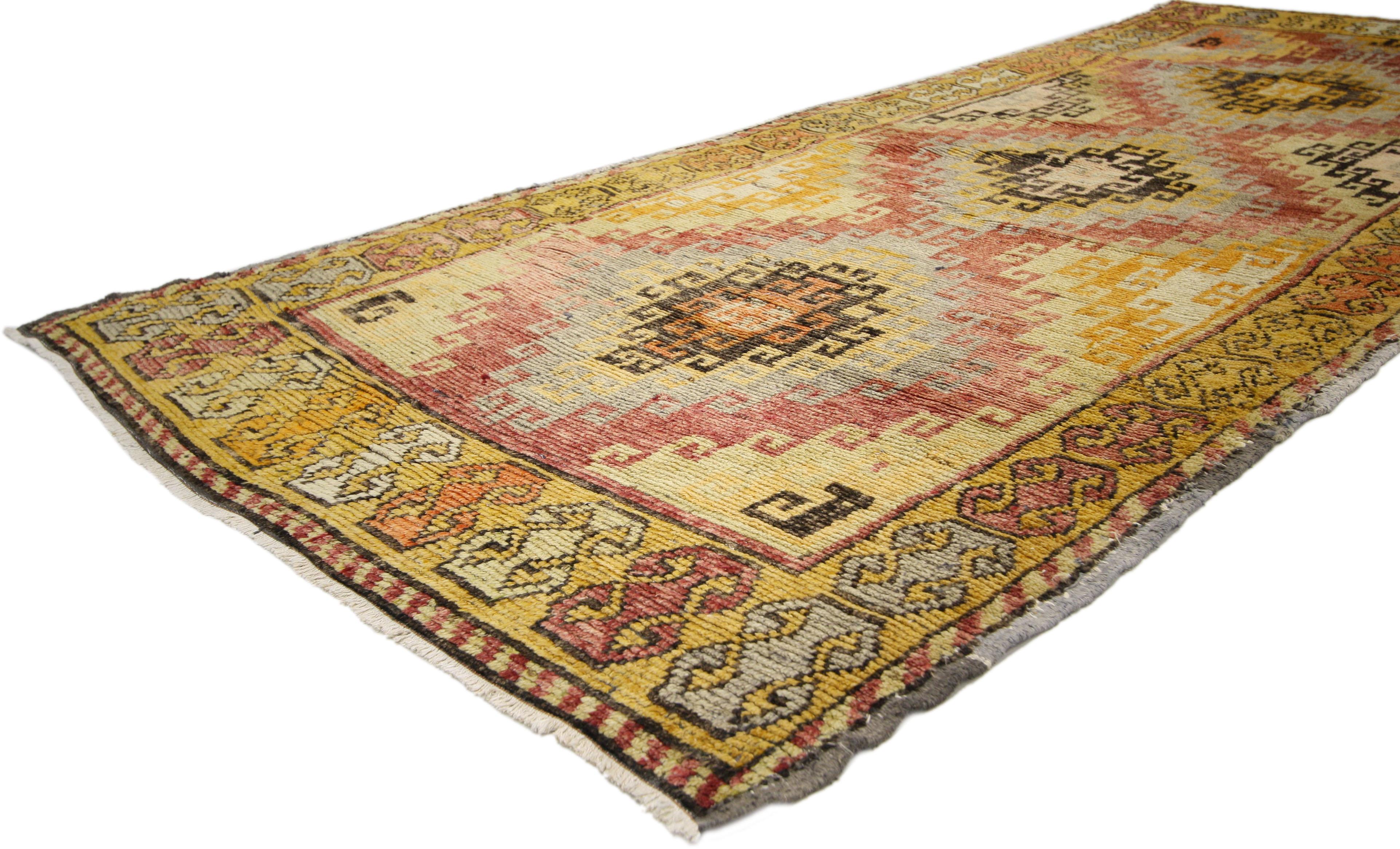 Hand-Knotted Antique Turkish Oushak Runner with Mid-Century Modern Tribal Style