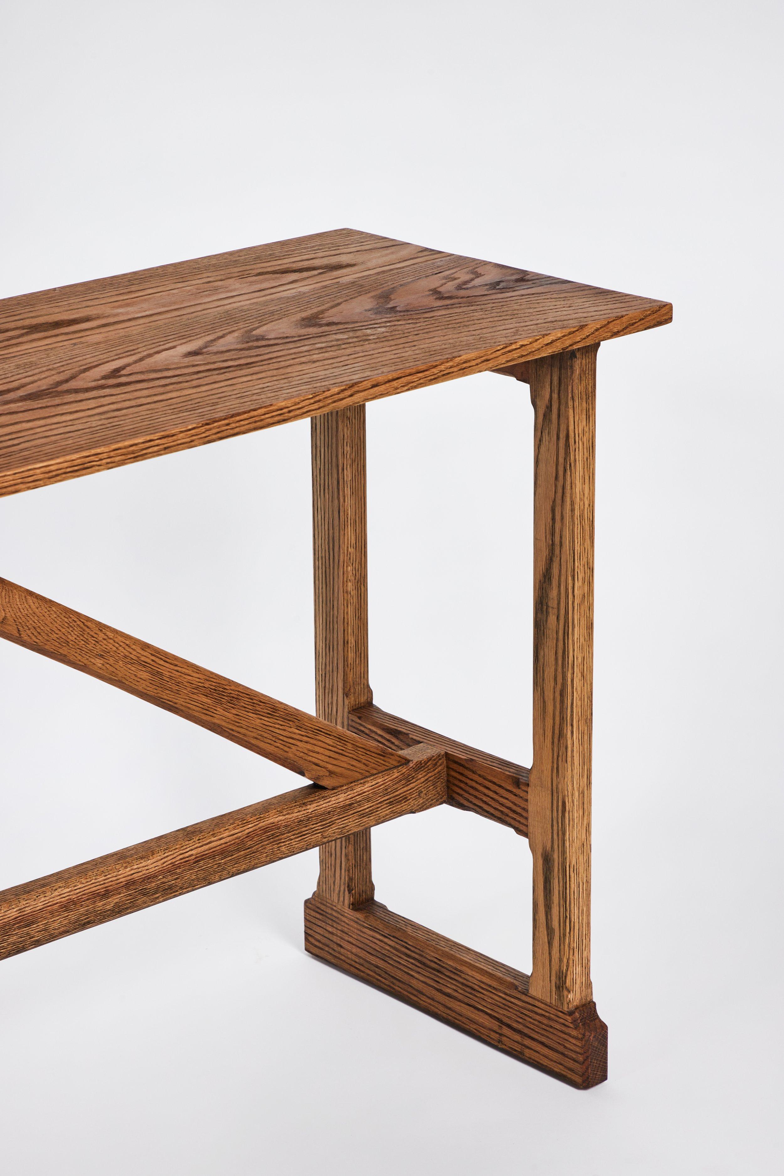 American Rustic Style West Trestle Console, Large in Tanned Oak by Martin & Brockett For Sale