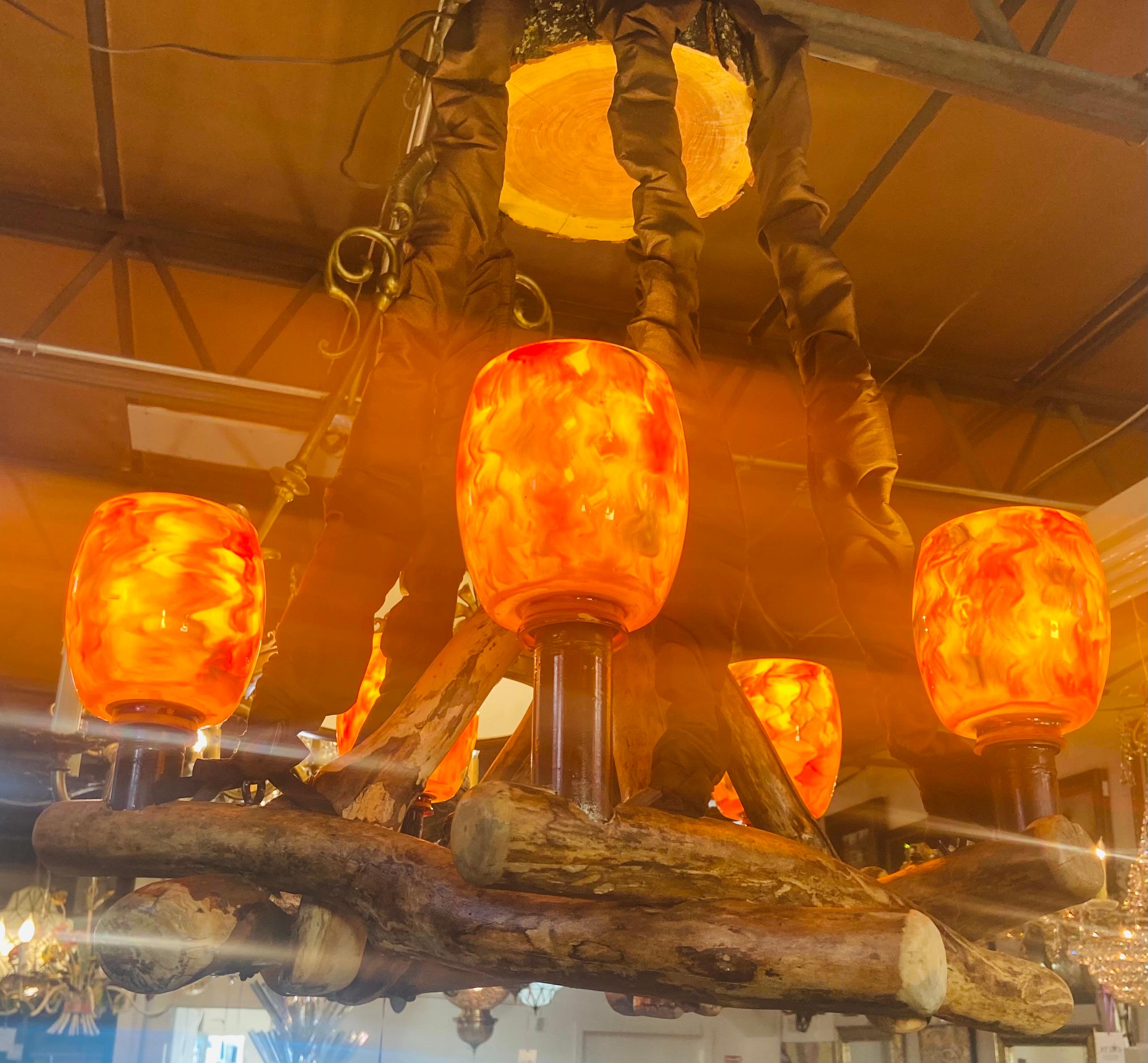 Rustic Style Wood Decorated Chandelier with Orange Glass Globe Hurricane Shades 12