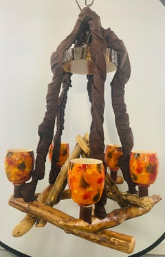 Rustic Style Wood Decorated Chandelier with Orange Glass Globe Hurricane Shades