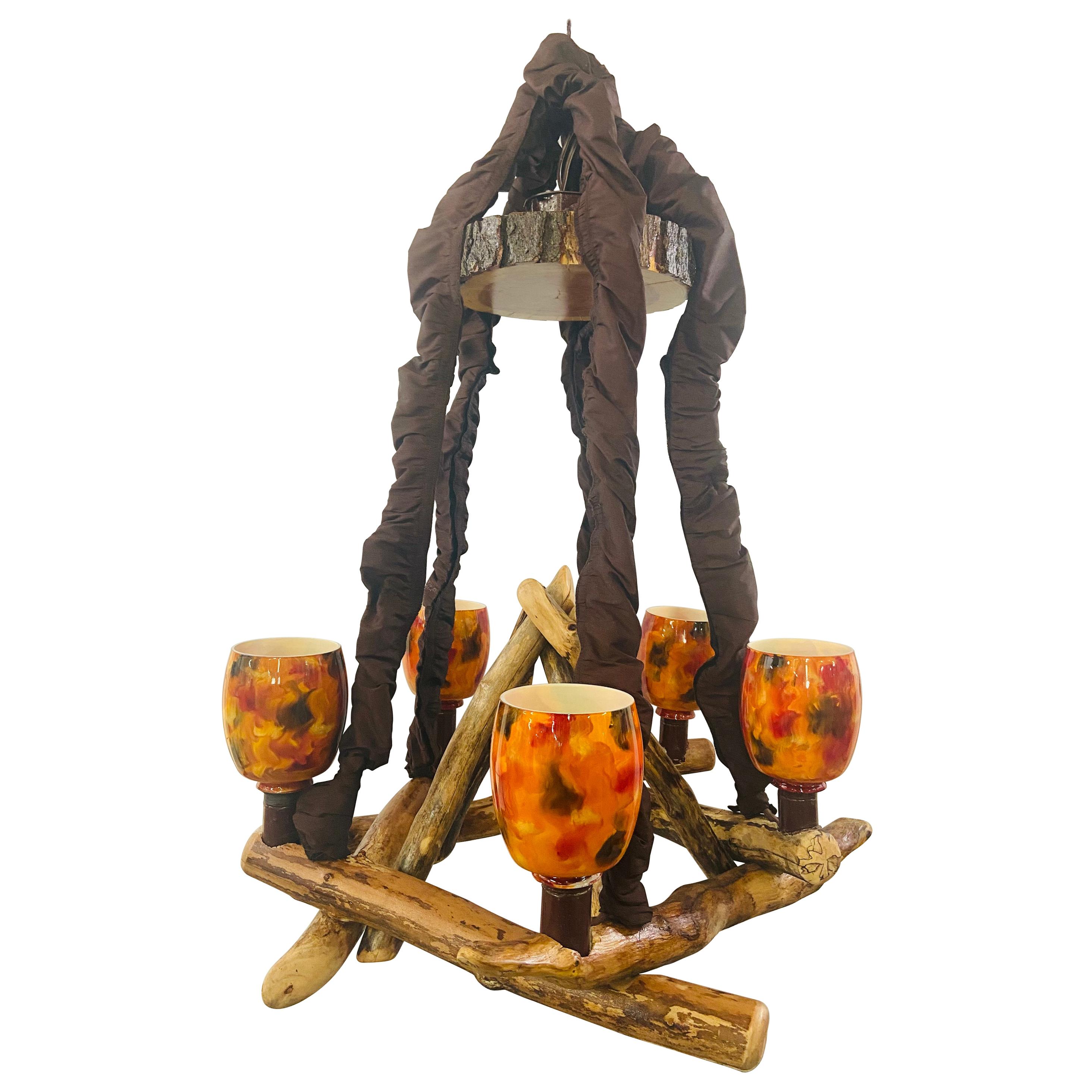 Rustic Style Wood Decorated Chandelier with Orange Glass Globe Hurricane Shades