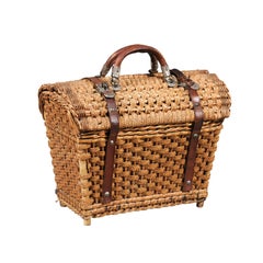 Rustikaler schwedischer Korb aus Korbweide und Leder mit Deckeln aus den 1890er Jahren mit Griffen