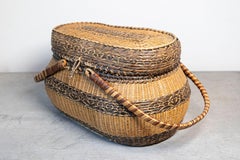 Rustic Swedish 1890s Oval Two-Toned Wicker Basket with Large Handles