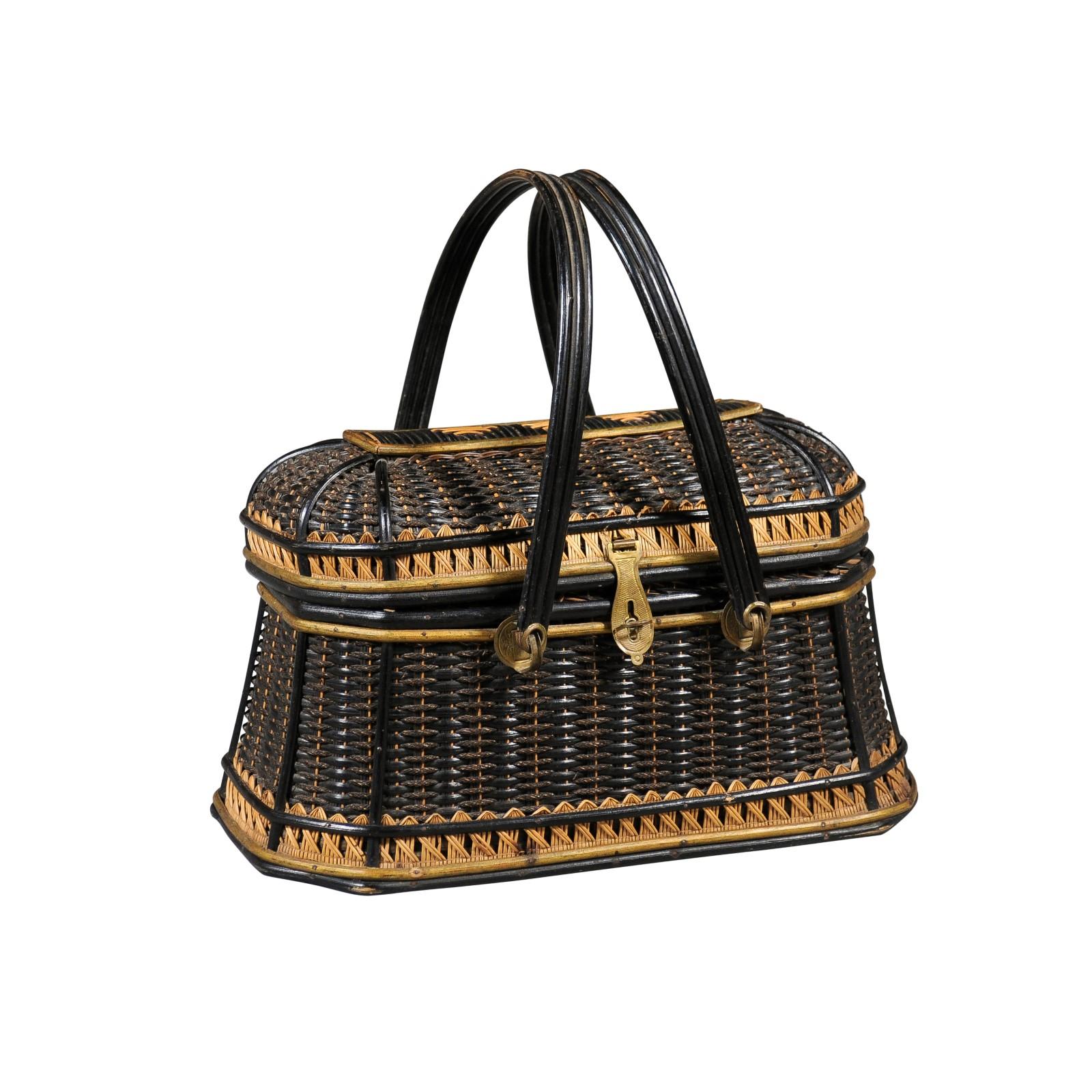 Rustic Swedish 1890s Two-Toned Wicker Tapering Basket with Large Handles For Sale 4