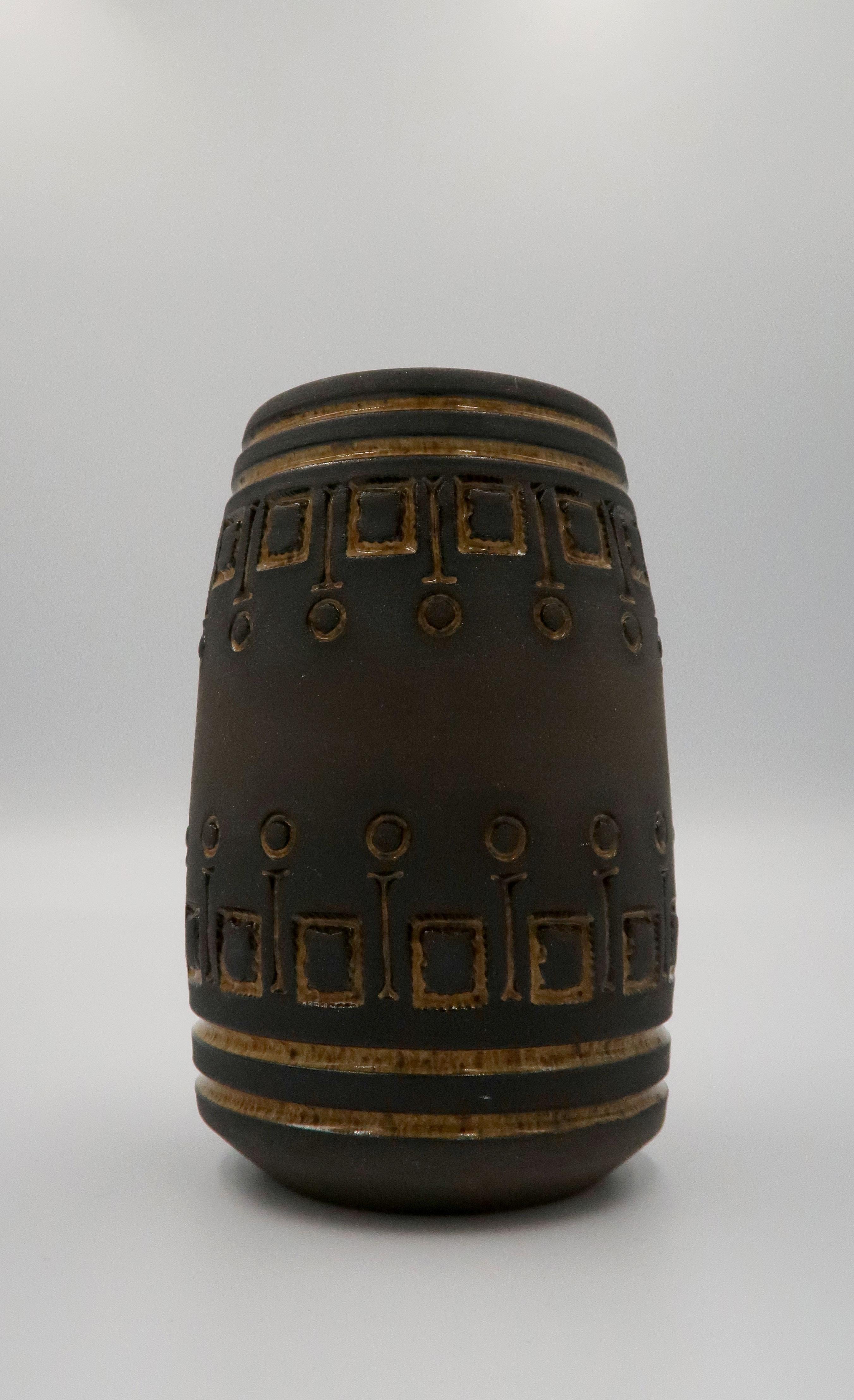 Ceramic Rustic Swedish Modern Ulla Winblad for Alingsås Brown Decorated Vase, 1960s