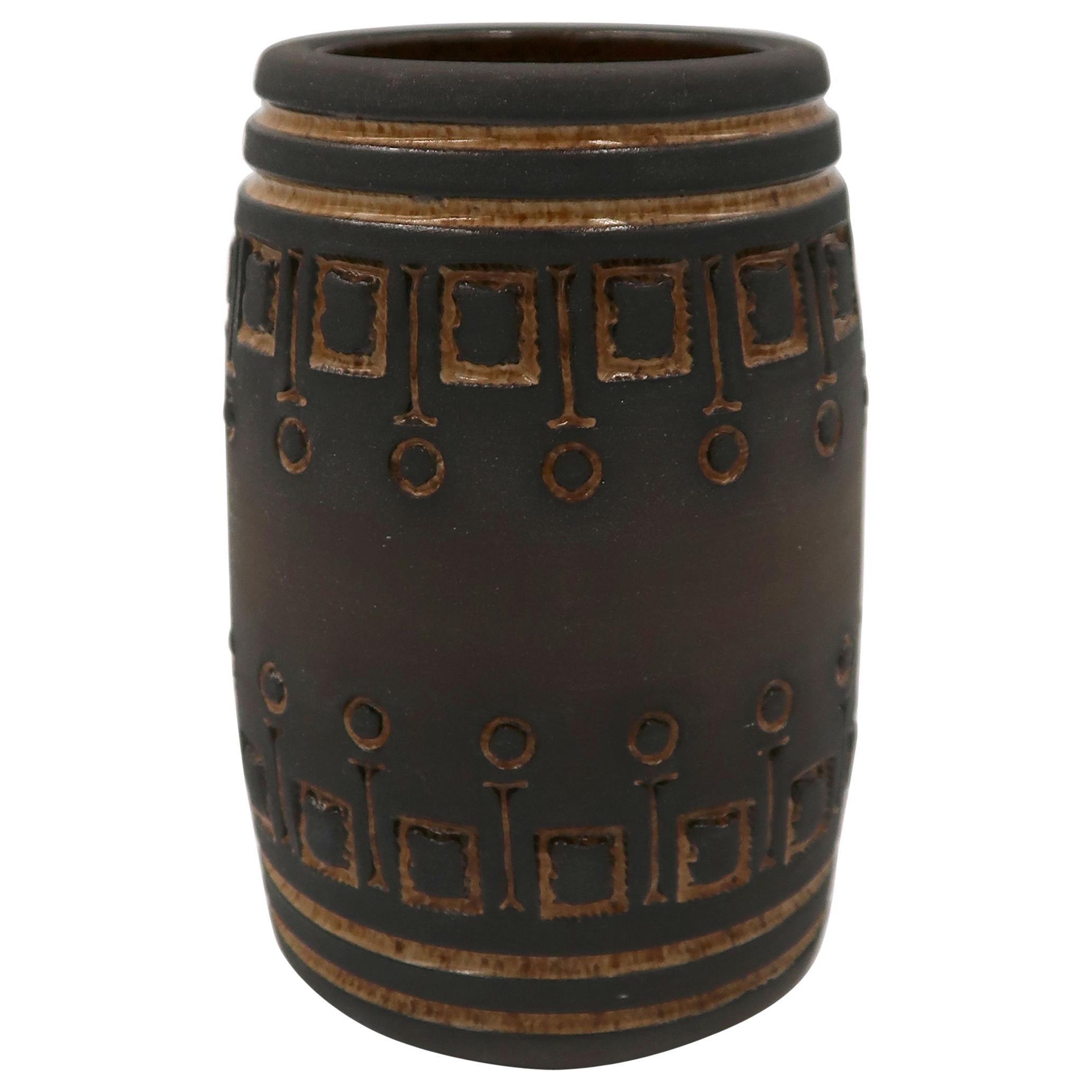 Rustic Swedish Modern Ulla Winblad for Alingsås Brown Decorated Vase, 1960s