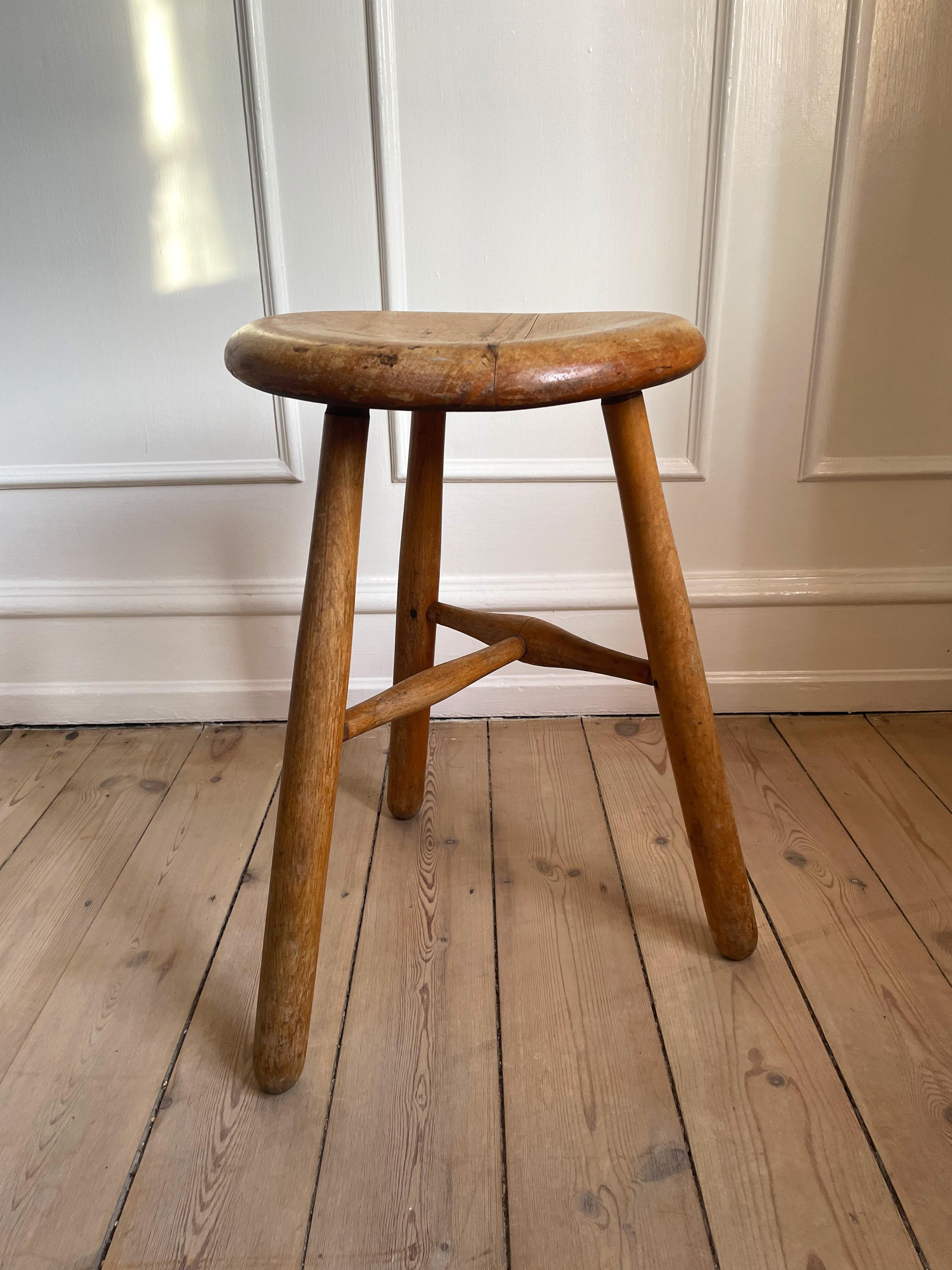 Mid-Century Modern Rustic Swedish Vintage Wooden Three Legged Stool, Side Table, 1950s For Sale