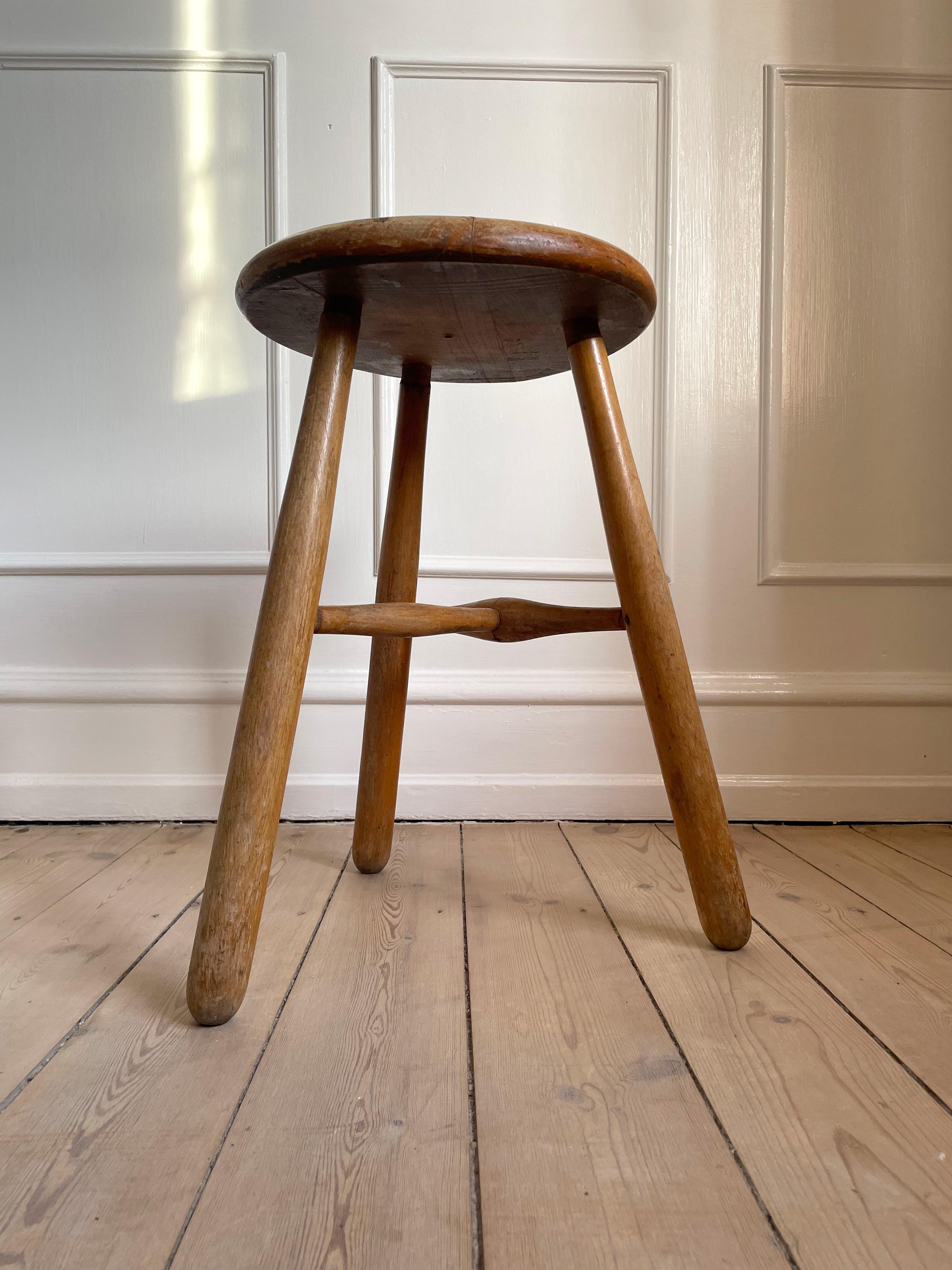 Hand-Crafted Rustic Swedish Vintage Wooden Three Legged Stool, Side Table, 1950s For Sale