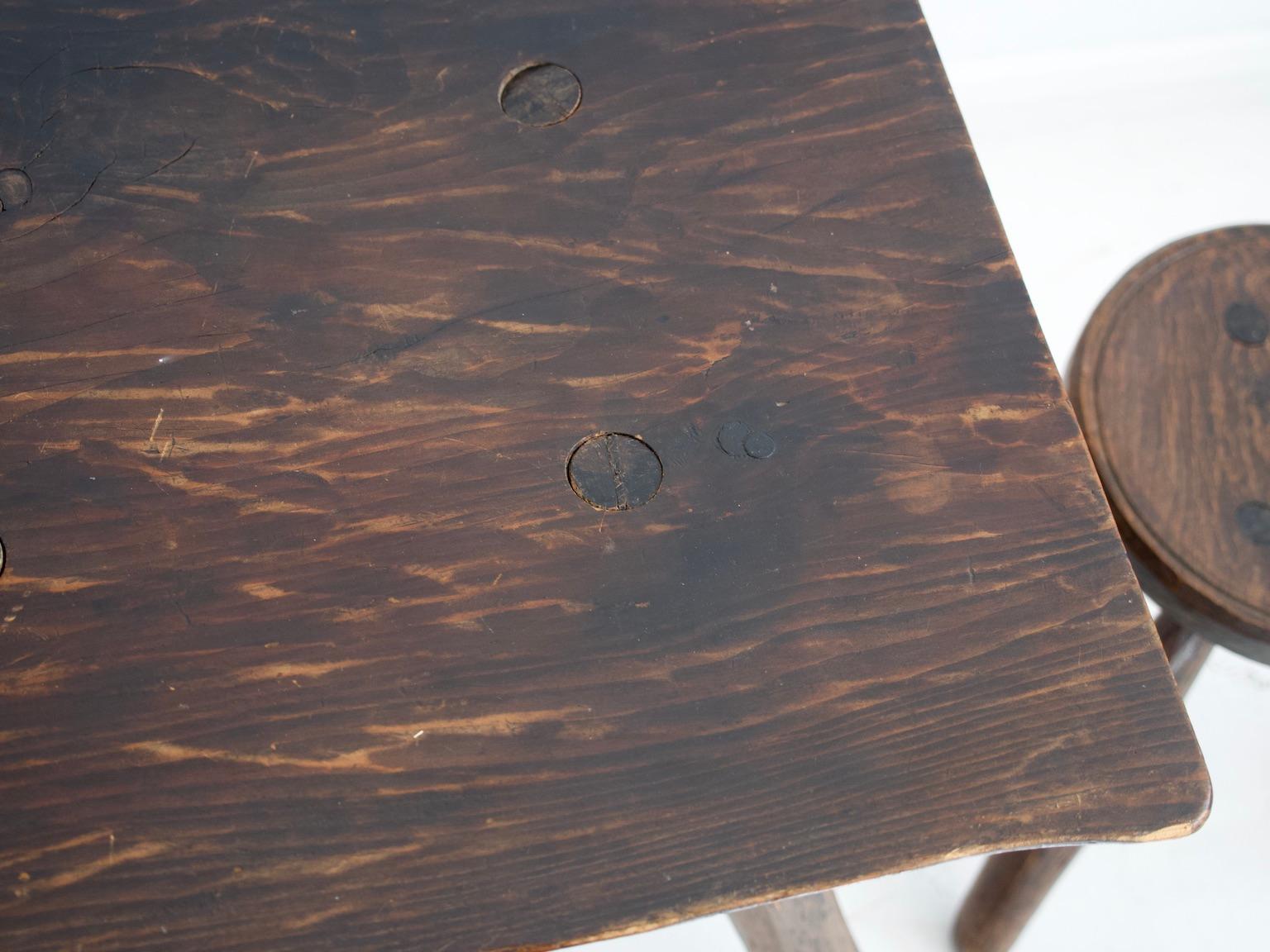 Rustic Table and Two Tripod Stools of Profiled Wood Logs 10