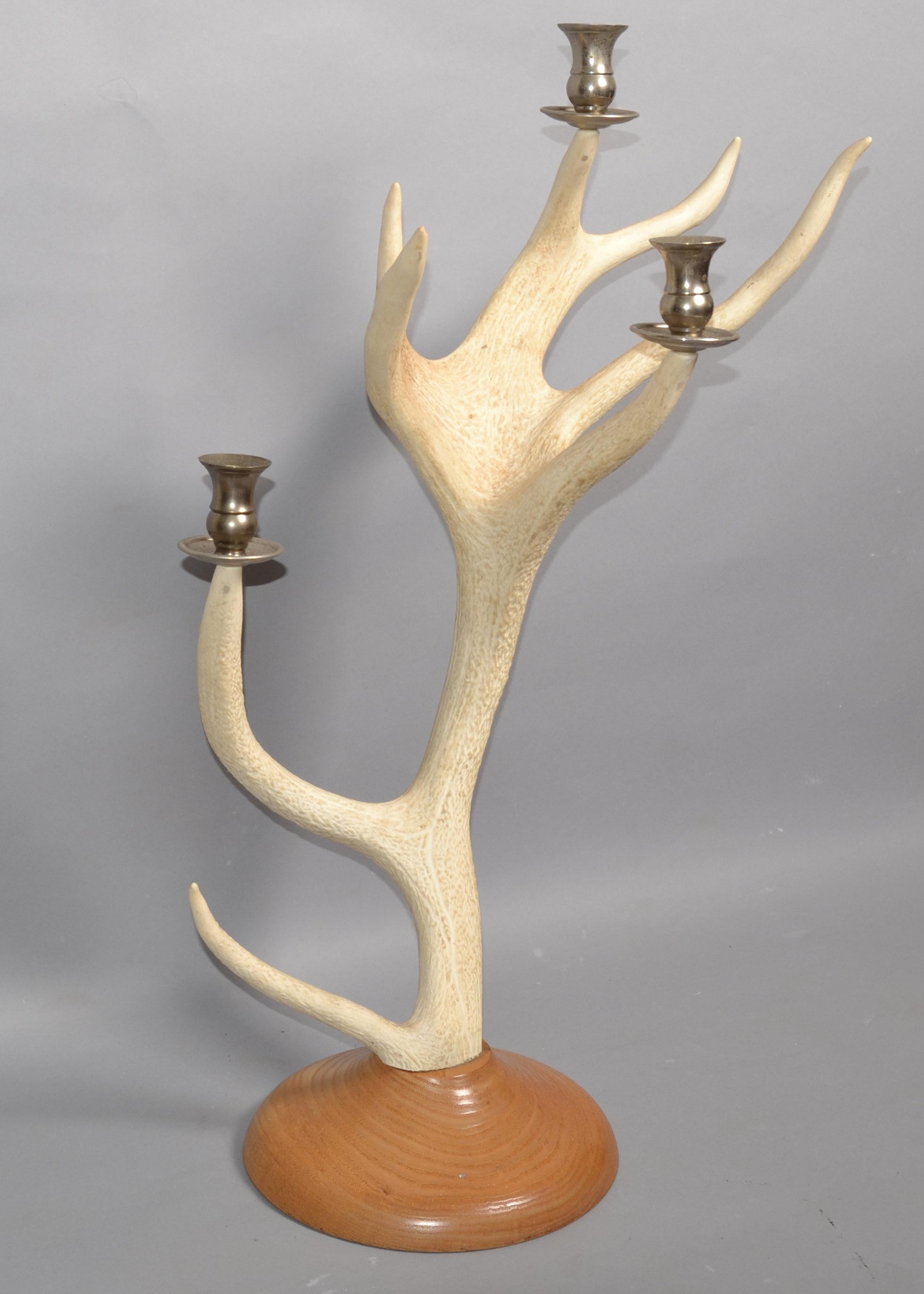 In the Style of Christian Dior Mid-Century Modern white tail deer buck antlers, horns Candle Holder mounted on a round oak wood base.
3 Steel Candle Holders are securely placed on Top of the Antler Arms. The base has a brown felt cover. 
Great