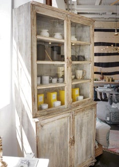 Rustic Teak Cabinet with Glass Display Windows and Storage