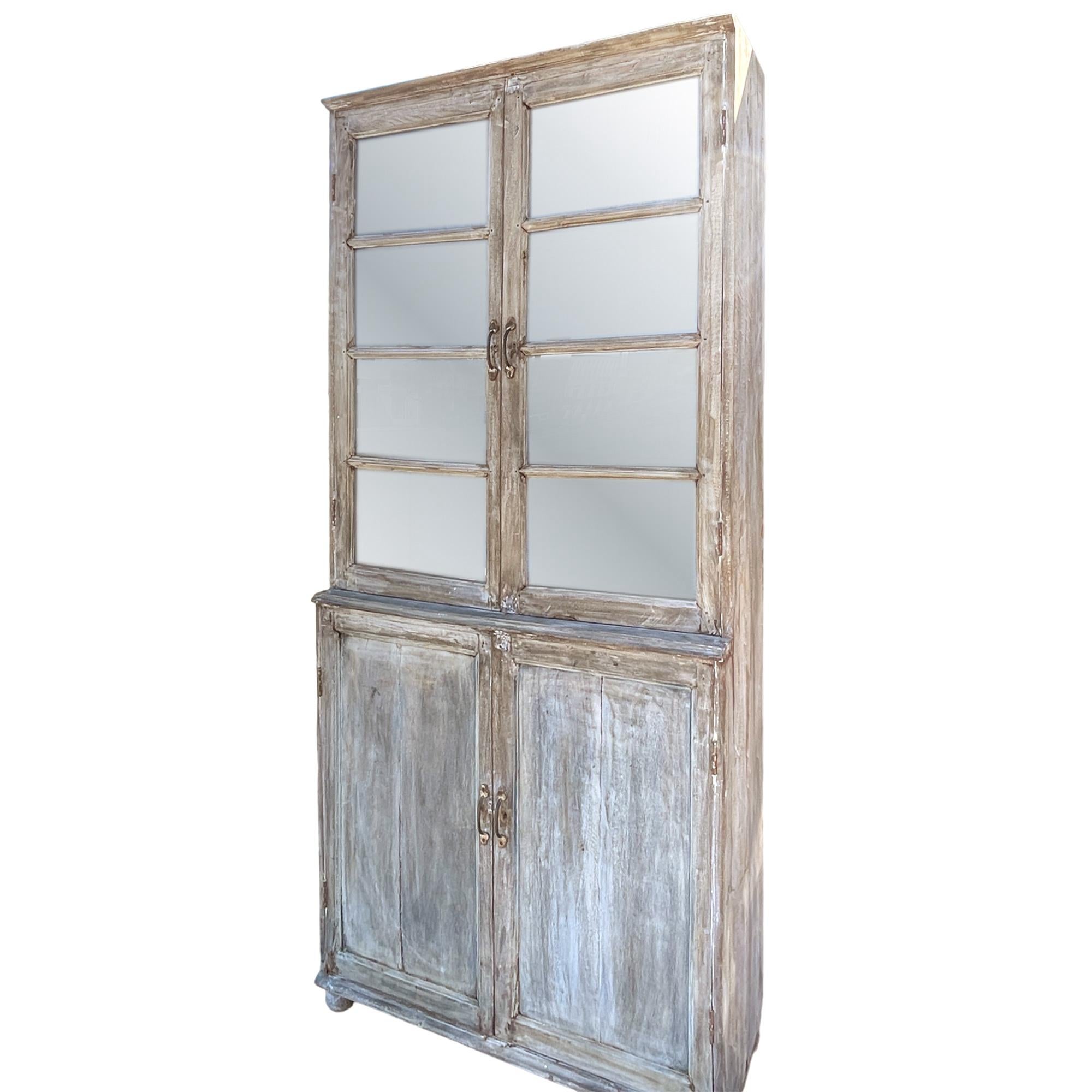 American Craftsman Rustic Teak Cabinet with Glass Display Windows and Storage For Sale