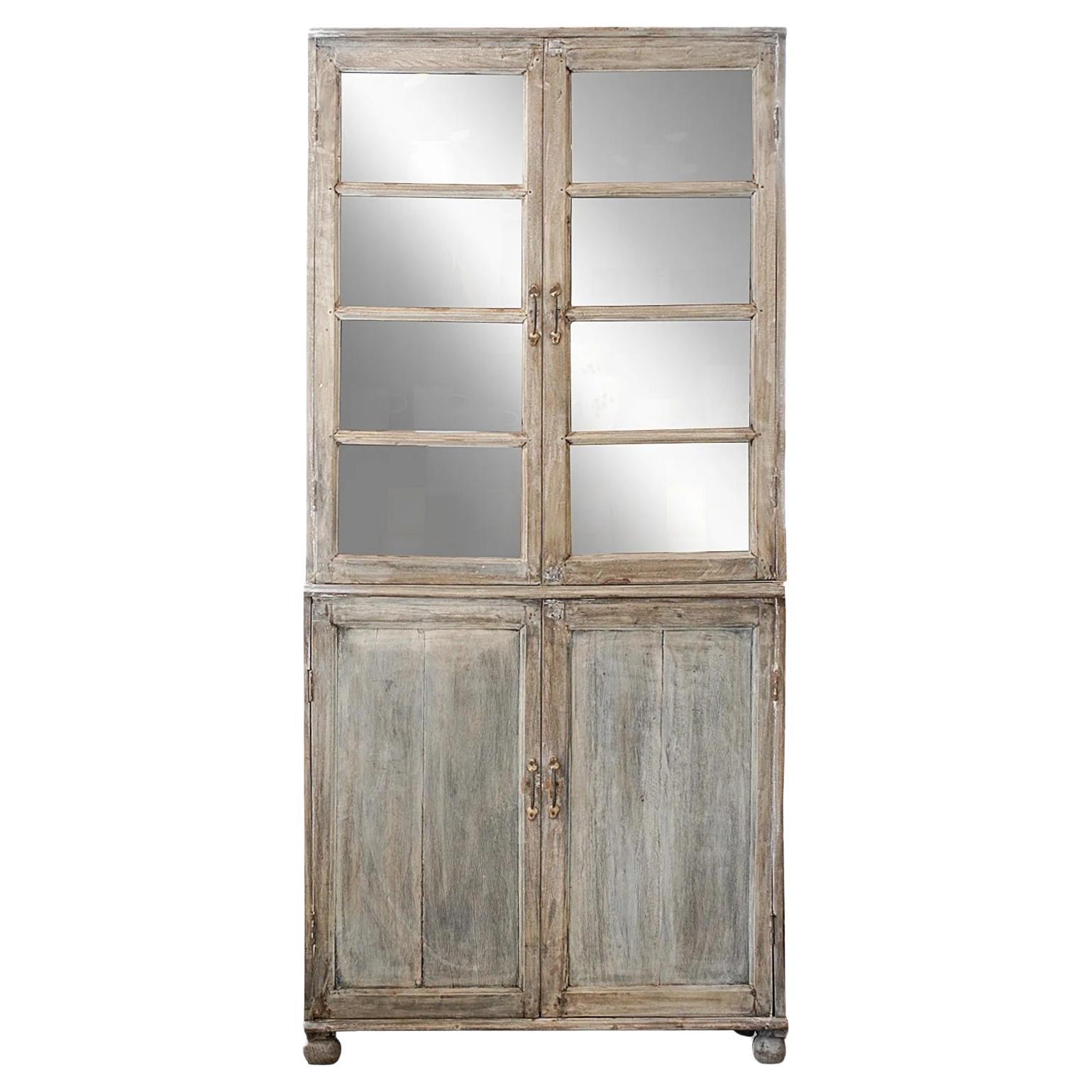 Rustic Teak Cabinet with Glass Display Windows and Storage