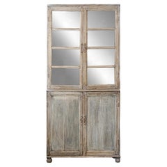 Vintage Rustic Teak Cabinet with Glass Display Windows and Storage
