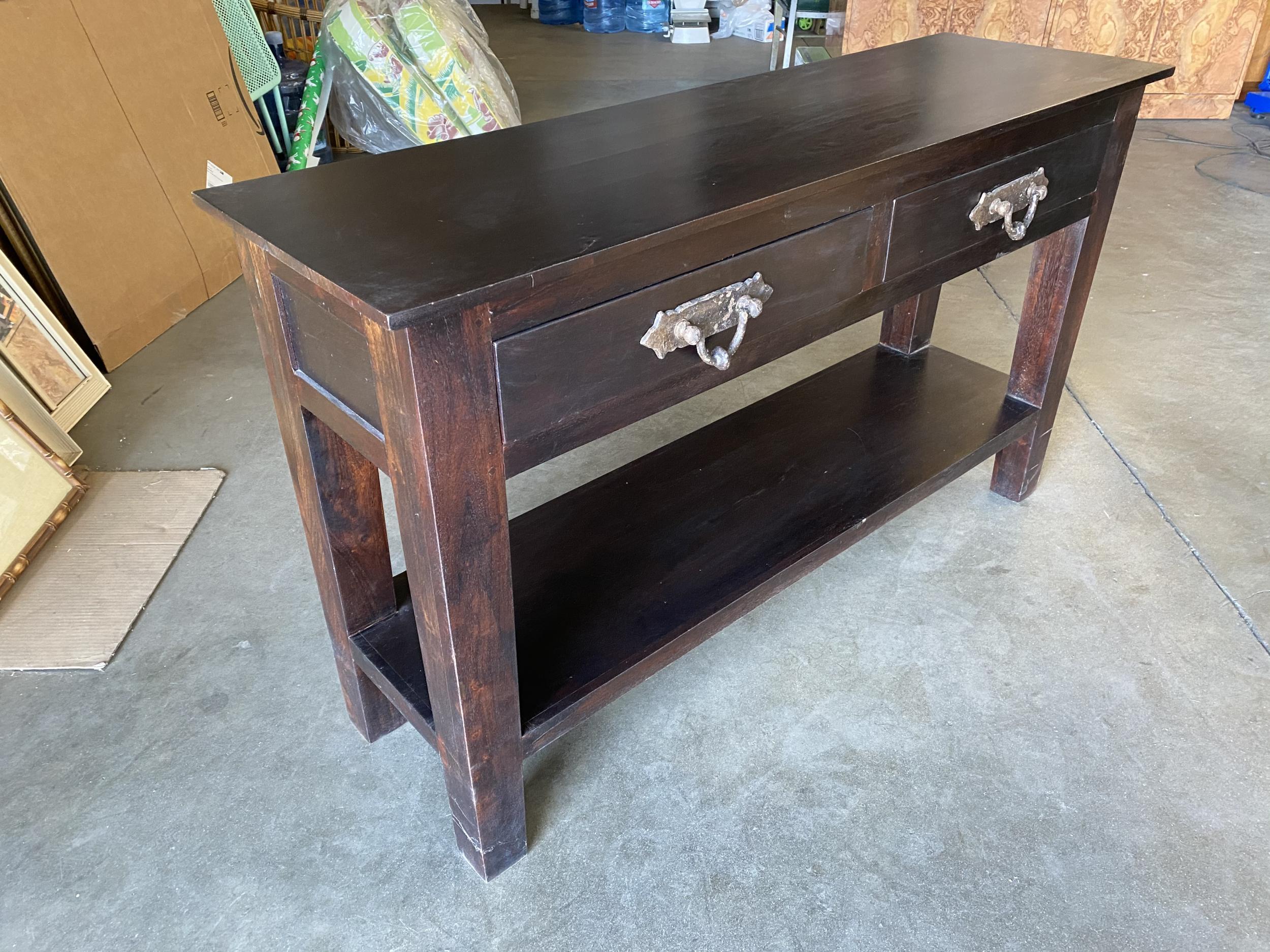 Teak Console Sofa Table with Brass Pulls In Excellent Condition For Sale In Van Nuys, CA