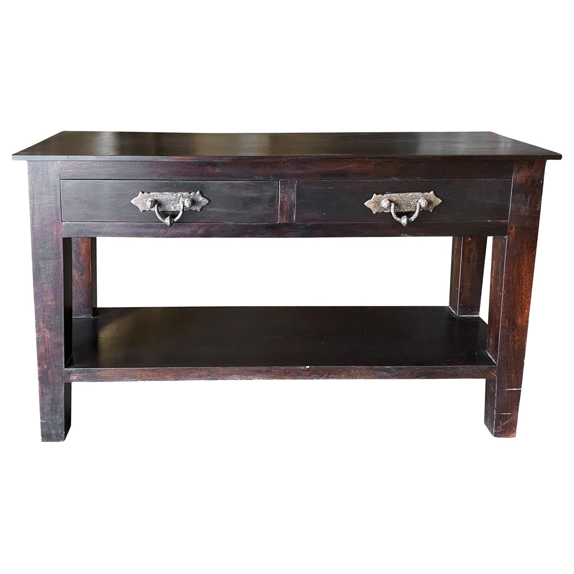 Teak Console Sofa Table with Brass Pulls For Sale