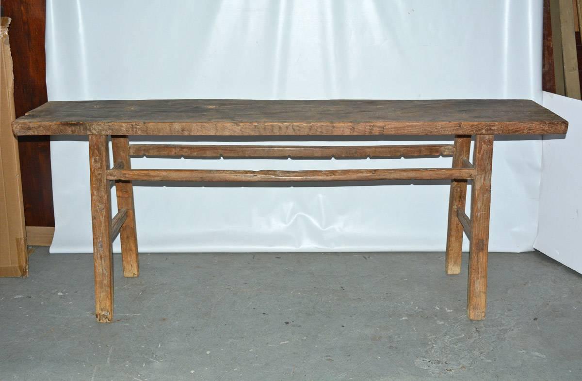 The rustic Asian teak wood console or sofa table has natural curved branches for stretchers and pegged construction. Great as entry hallway table, sofa table, buffet sideboard serving table.
