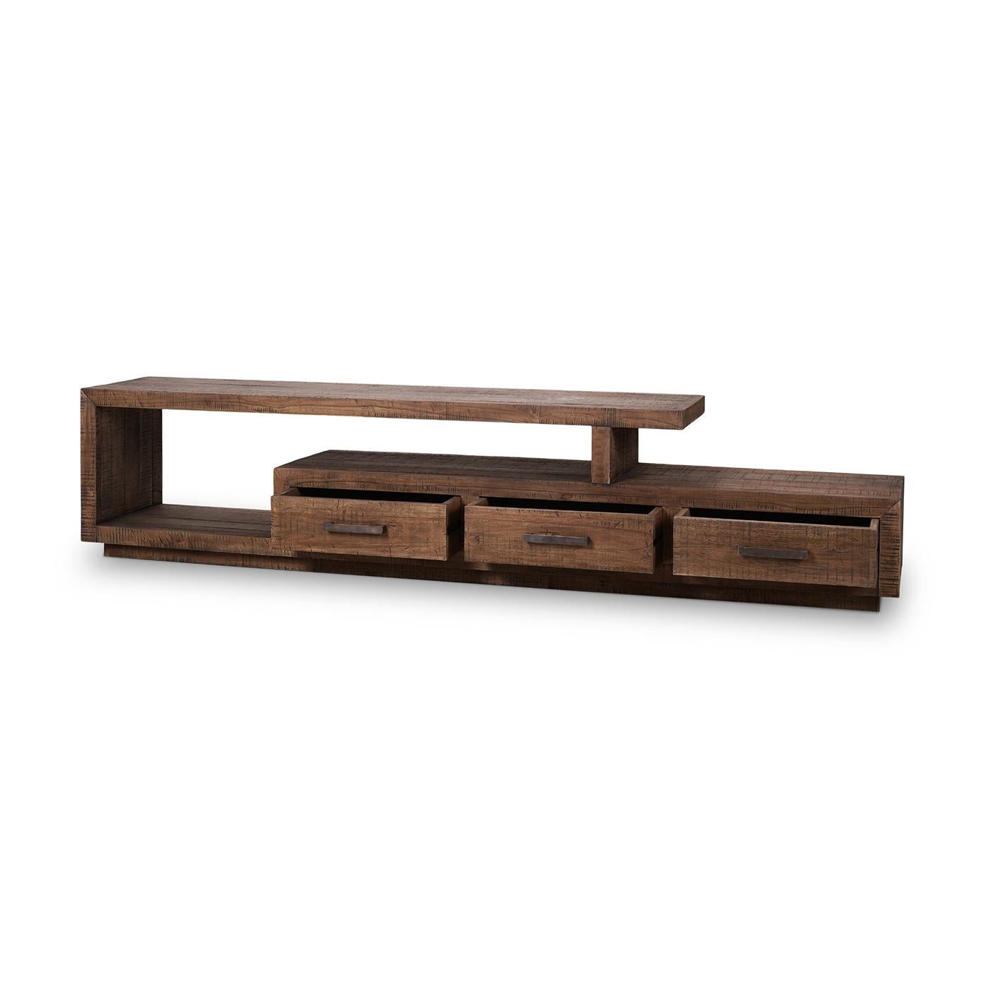 Crafted from high-quality teak wood, this TV stand features a rich, earthy Tuscan finish that highlights the wood's natural grain and texture. The rustic design adds warmth and character, making it a standout piece in any decor.

This TV stand