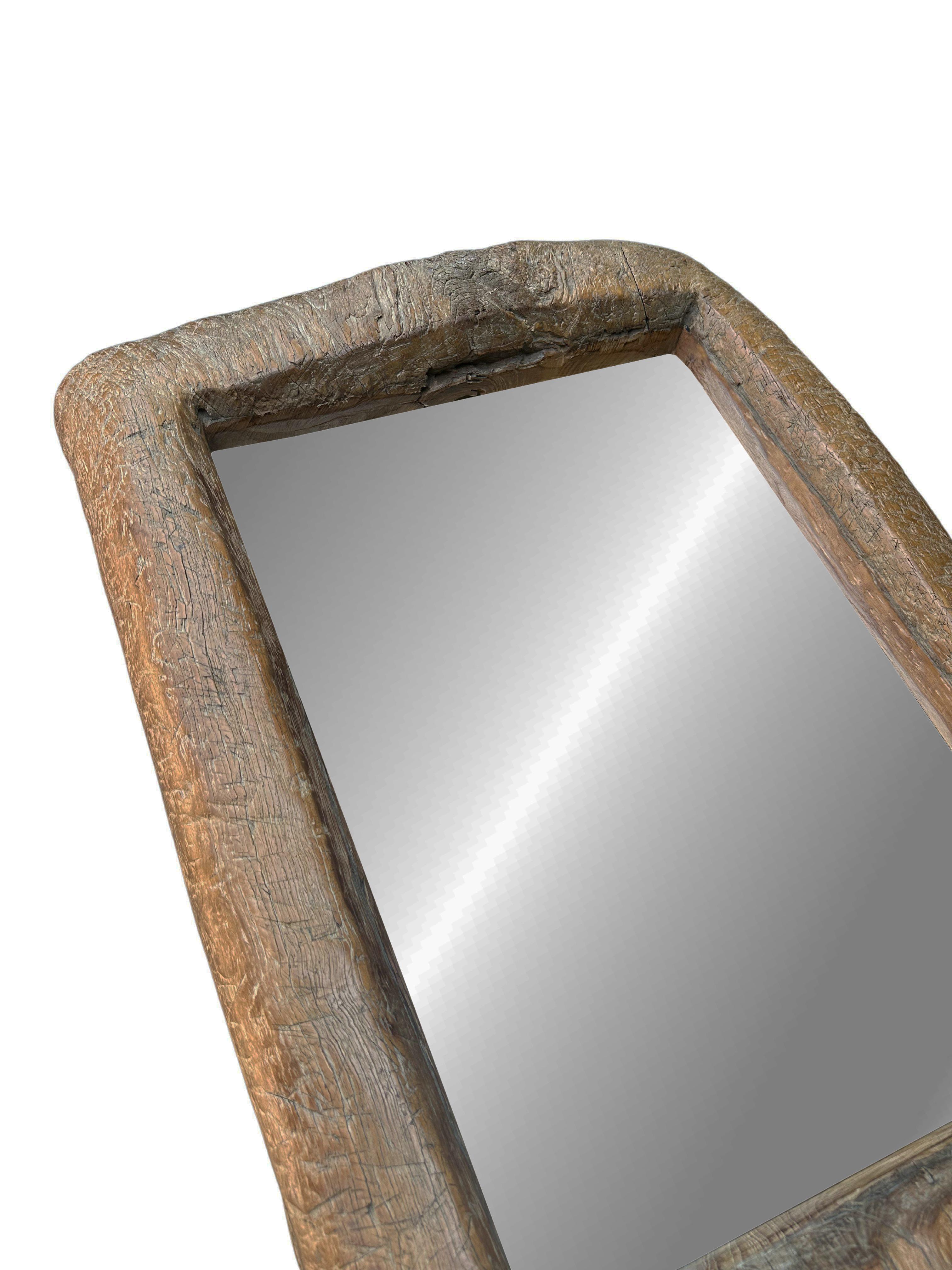 Organic Modern Rustic Teak Wood Mirror With Wonderful Age Related Patina & Markings For Sale