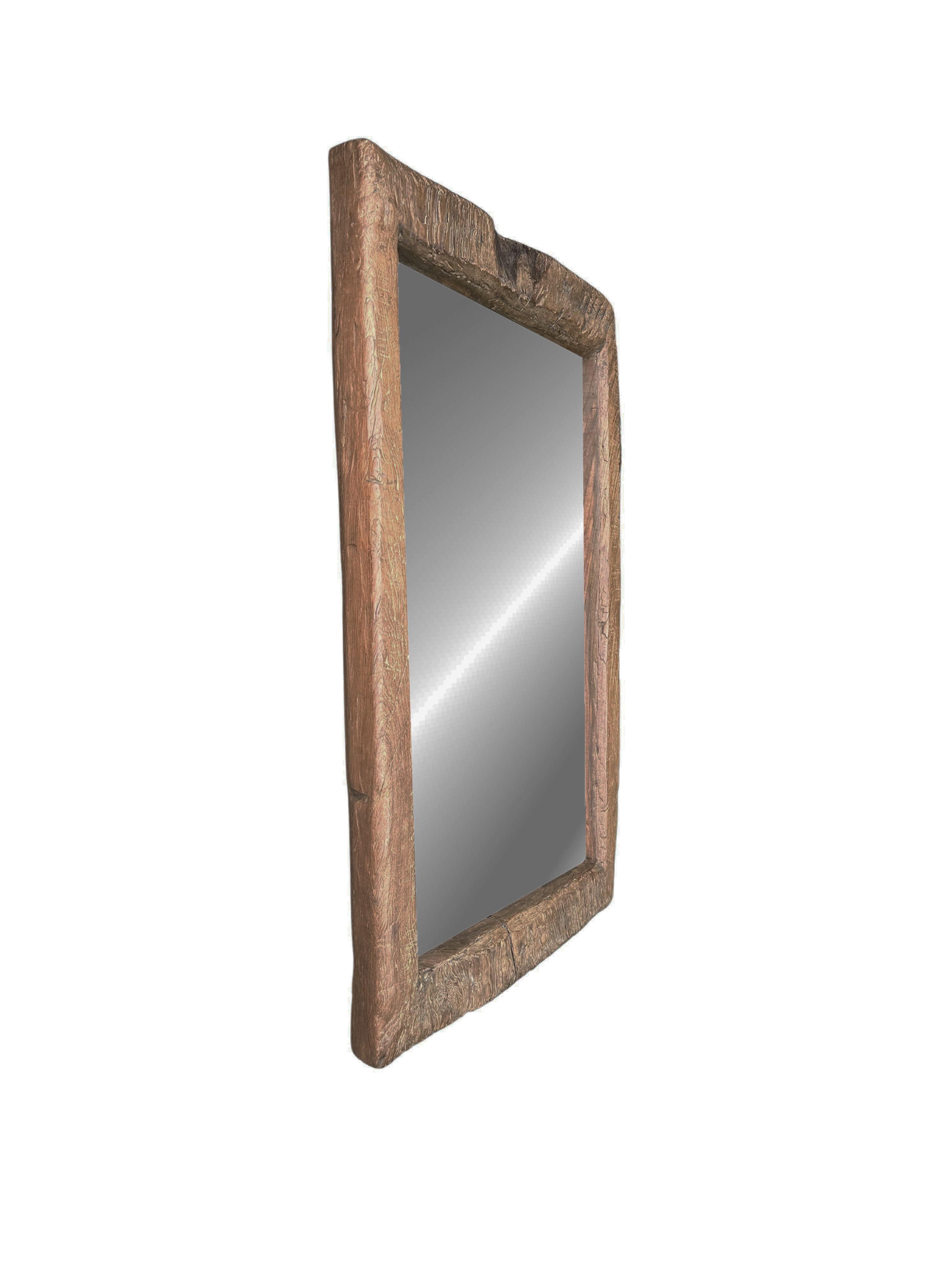 Organic Modern Rustic Teak Wood Mirror With Wonderful Age Related Patina & Markings For Sale