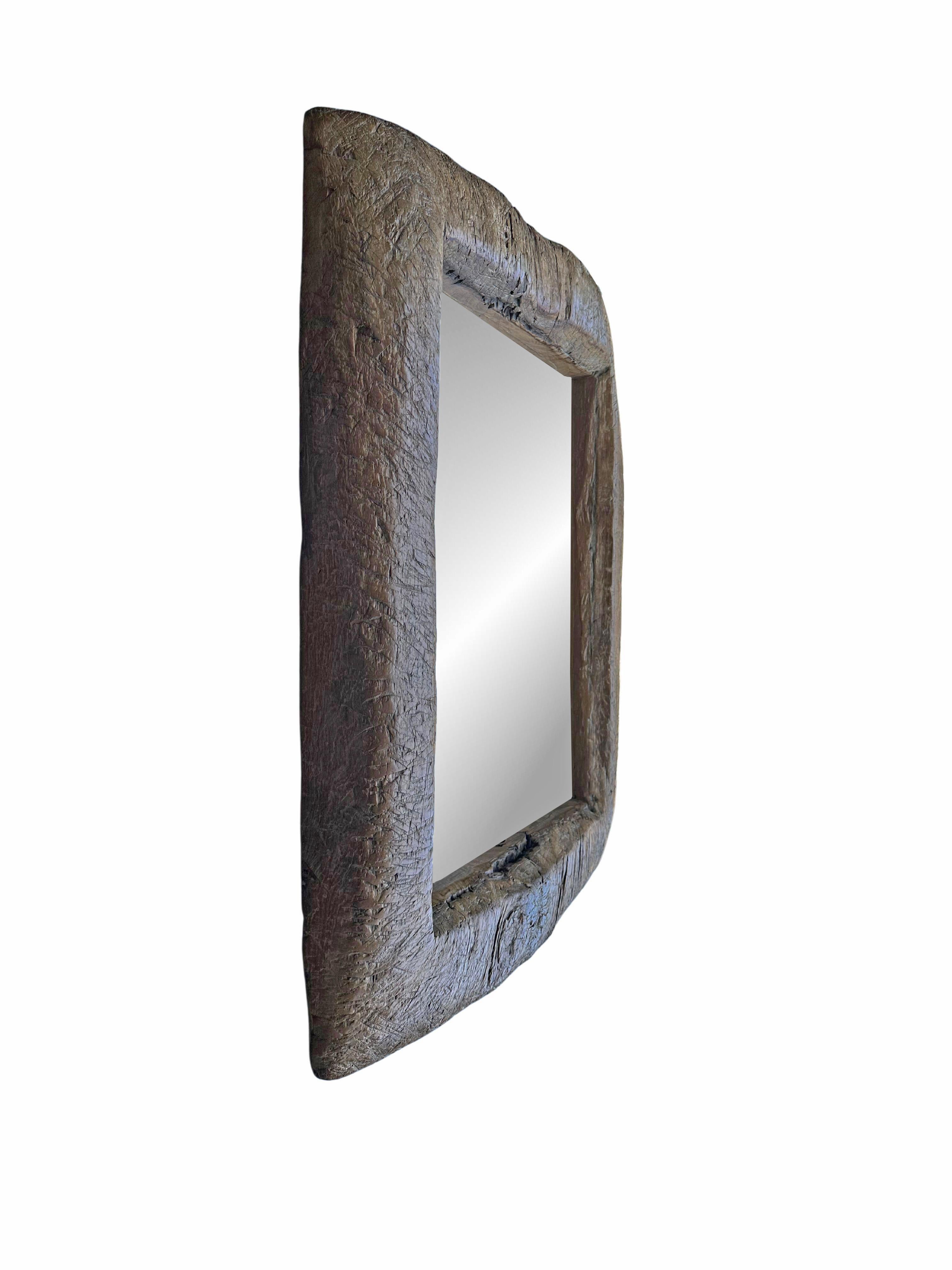 Indonesian Rustic Teak Wood Mirror With Wonderful Age Related Patina & Markings For Sale