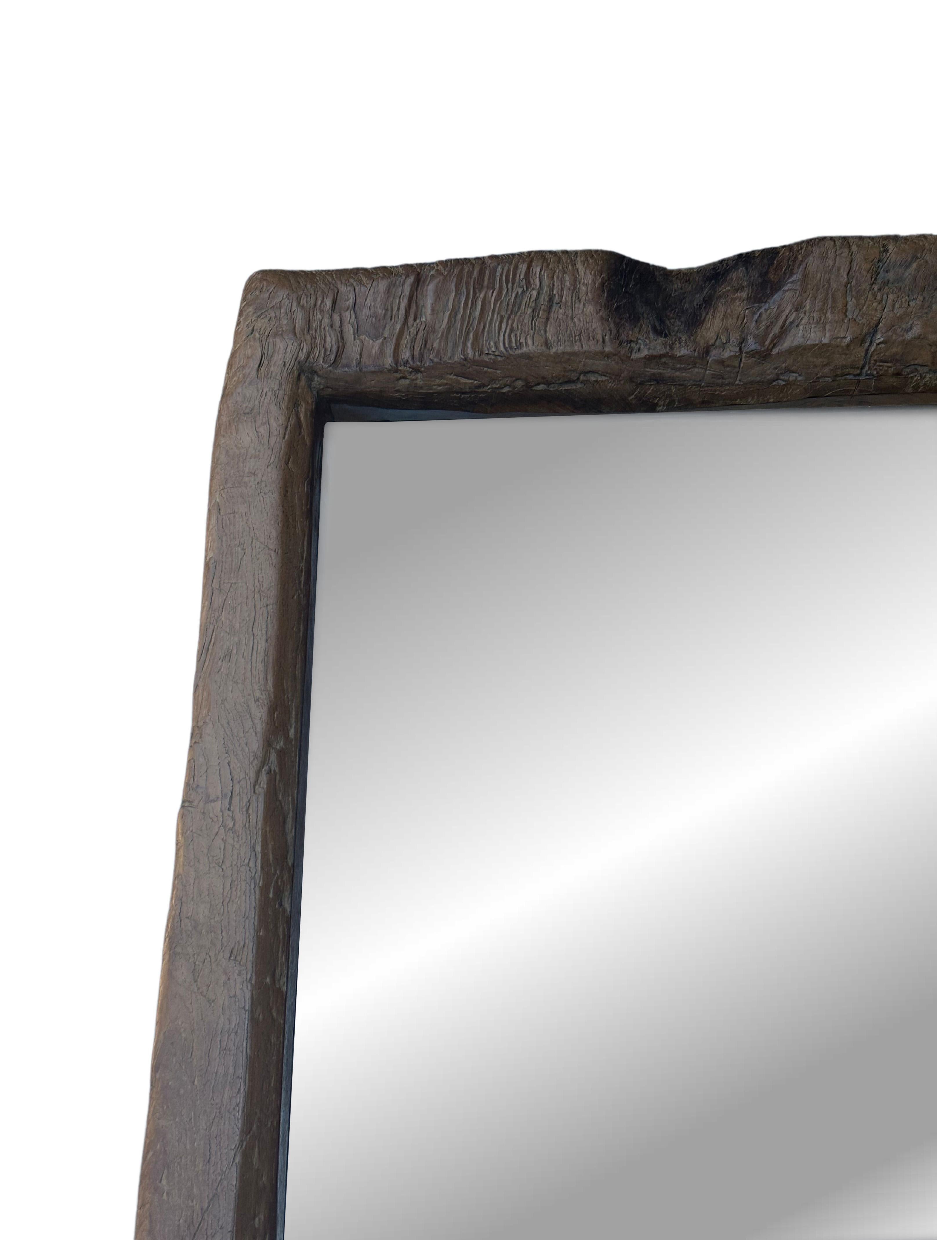 Hand-Crafted Rustic Teak Wood Mirror With Wonderful Age Related Patina & Markings For Sale