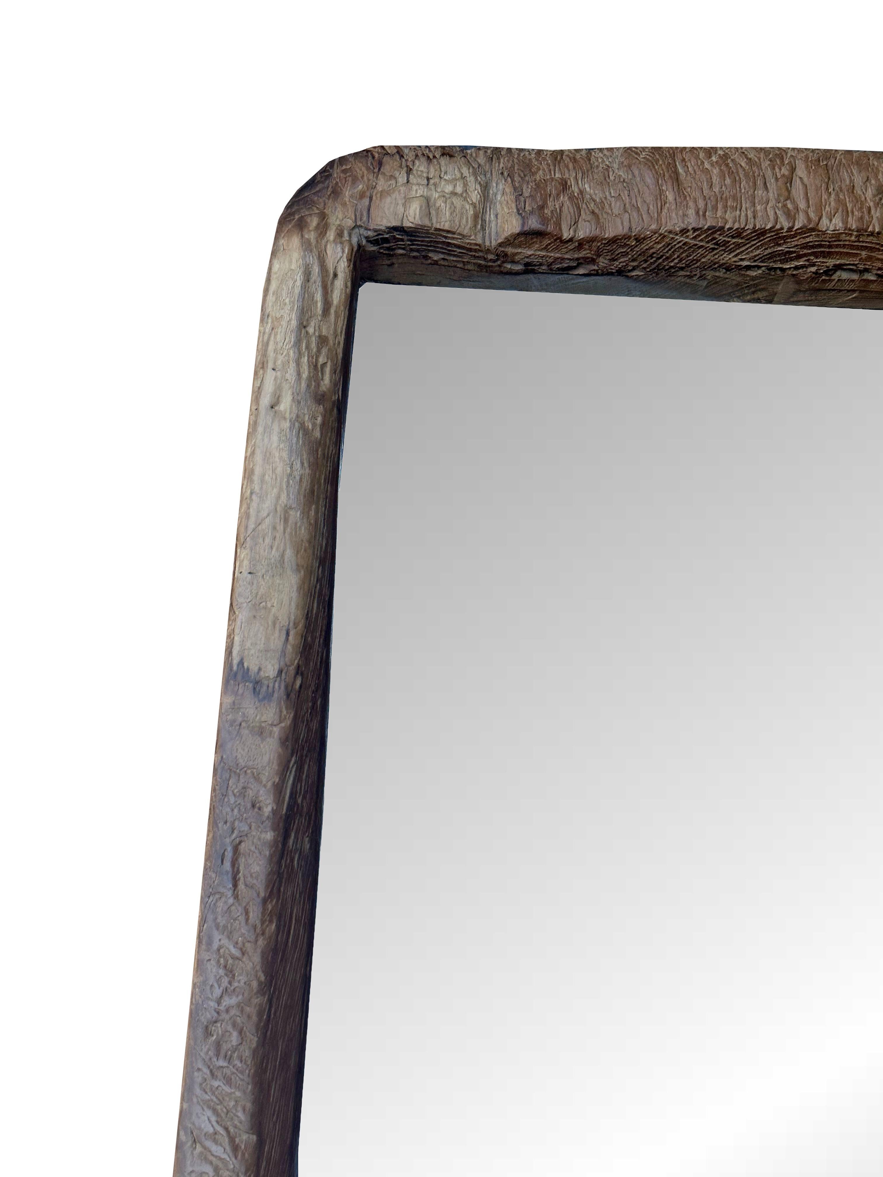 Hand-Crafted Rustic Teak Wood Mirror With Wonderful Age Related Patina & Markings