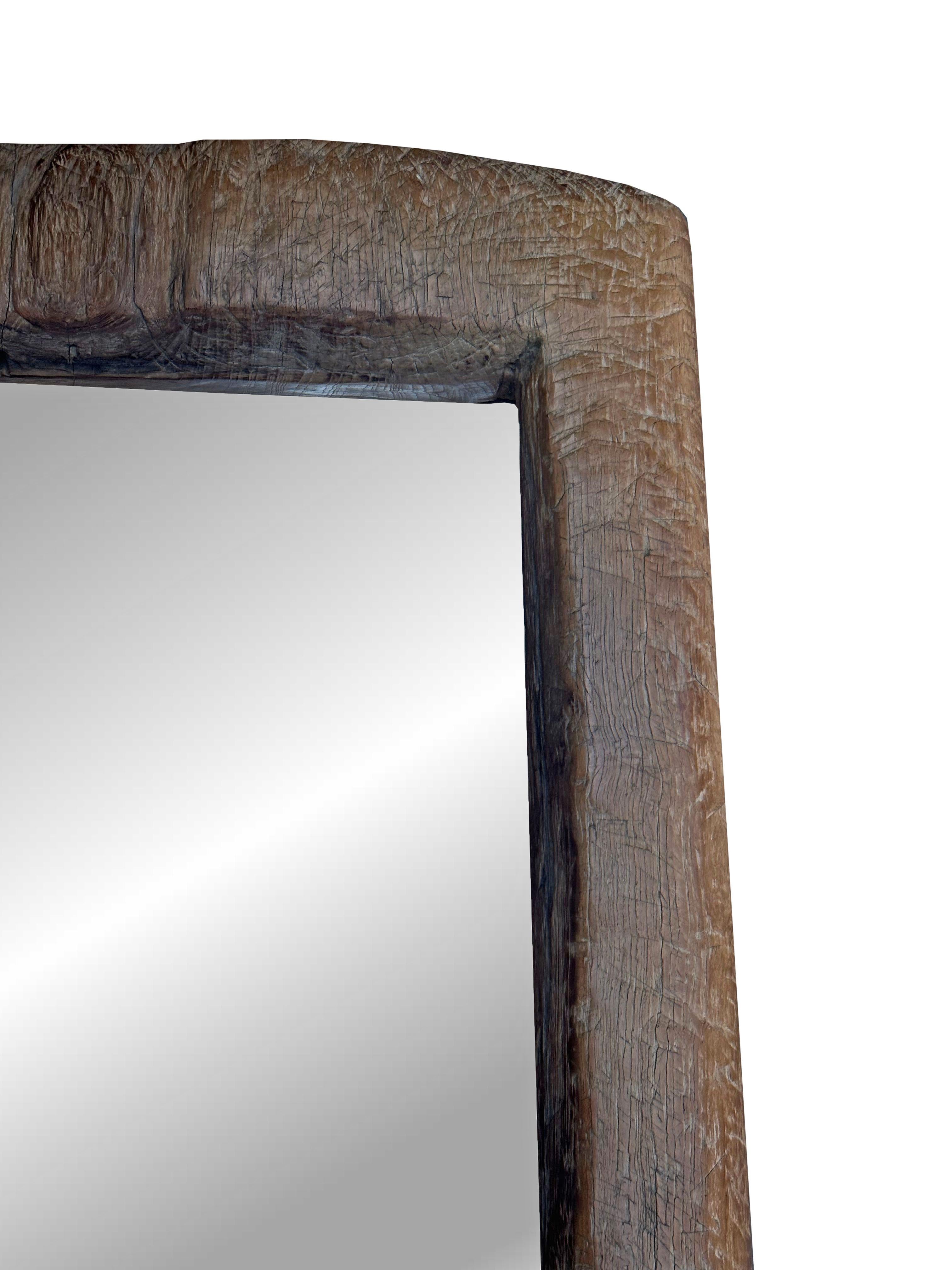 Rustic Teak Wood Mirror With Wonderful Age Related Patina & Markings In Good Condition For Sale In Jimbaran, Bali