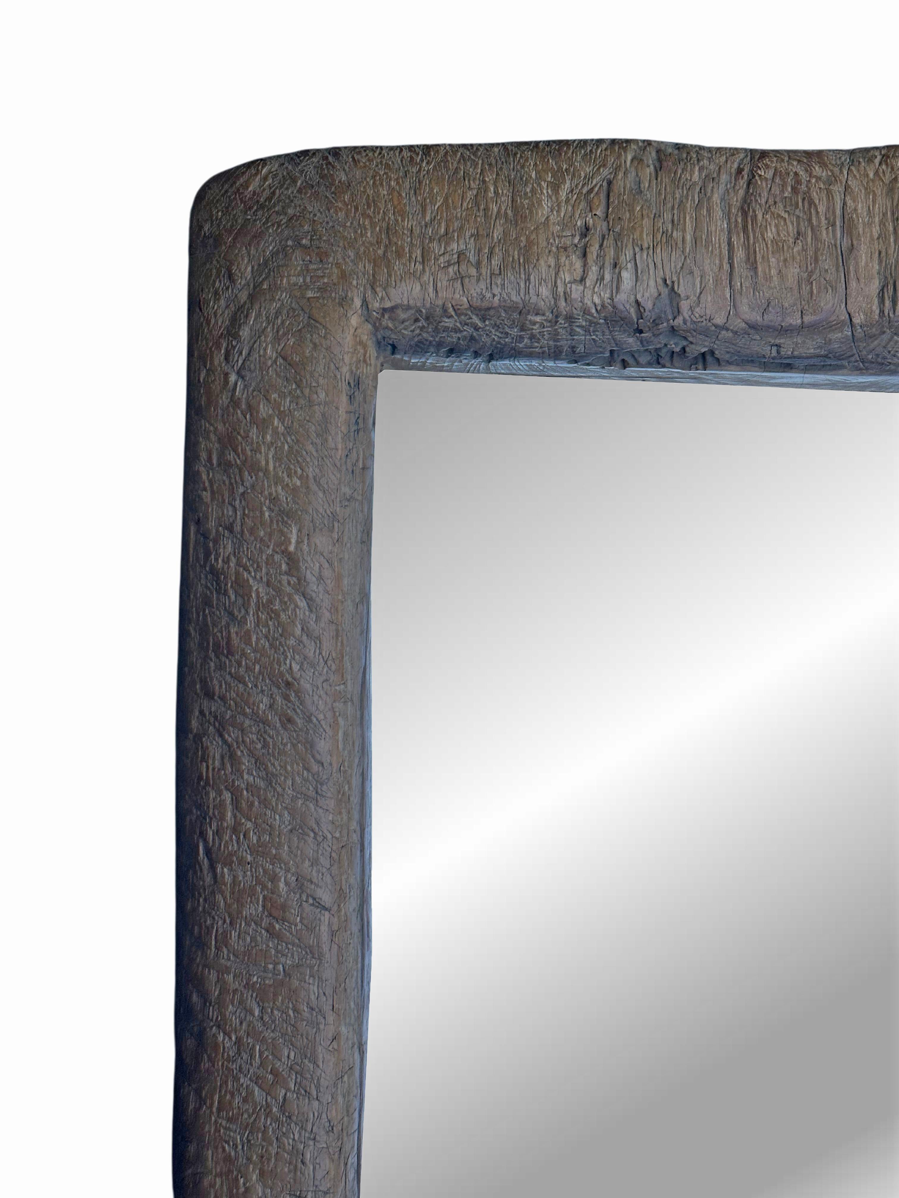 Contemporary Rustic Teak Wood Mirror With Wonderful Age Related Patina & Markings For Sale