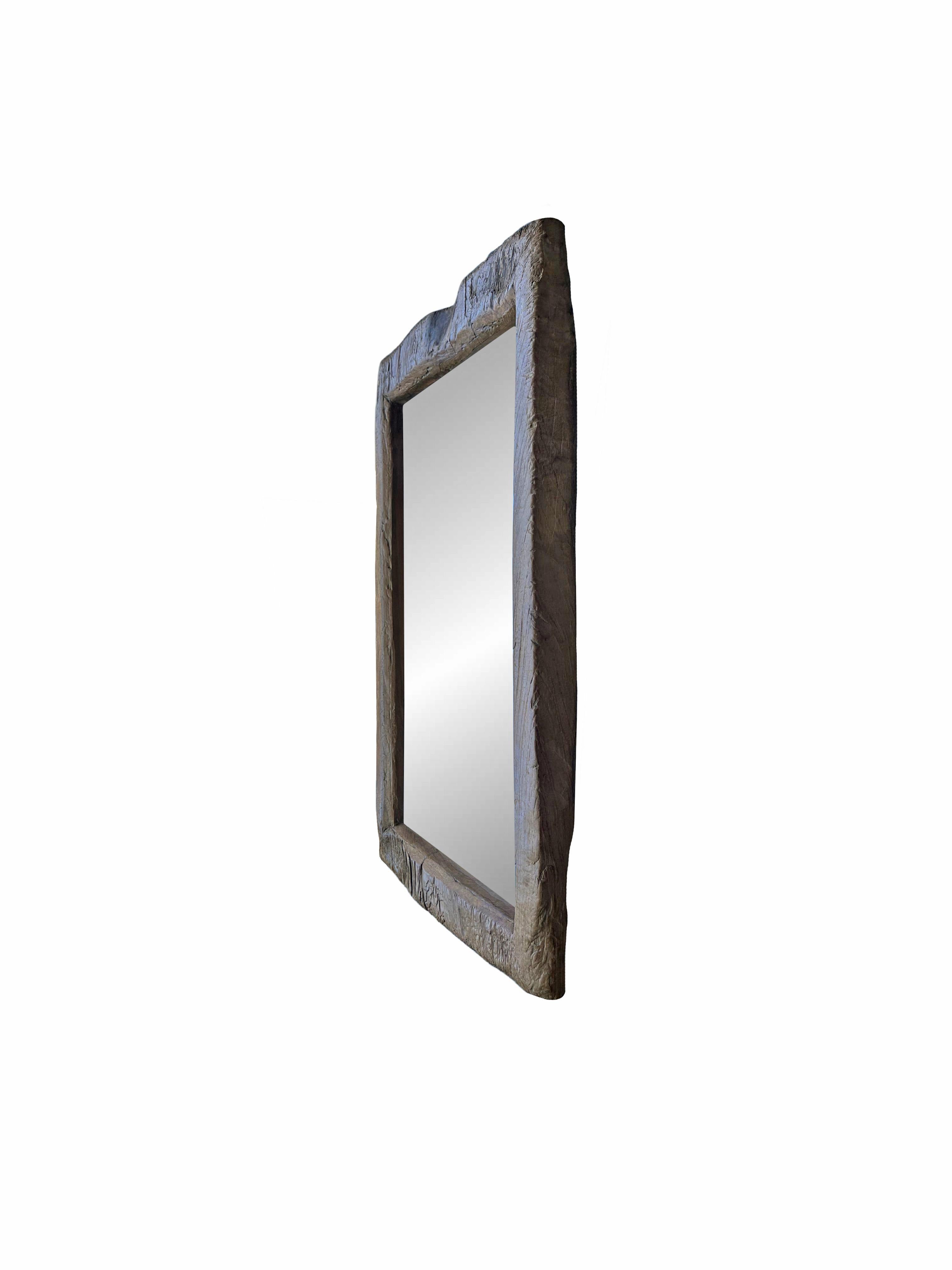 Contemporary Rustic Teak Wood Mirror With Wonderful Age Related Patina & Markings For Sale