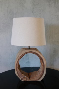 Tischlampe aus rustikalem Teakholz, rundes Vintage-Design