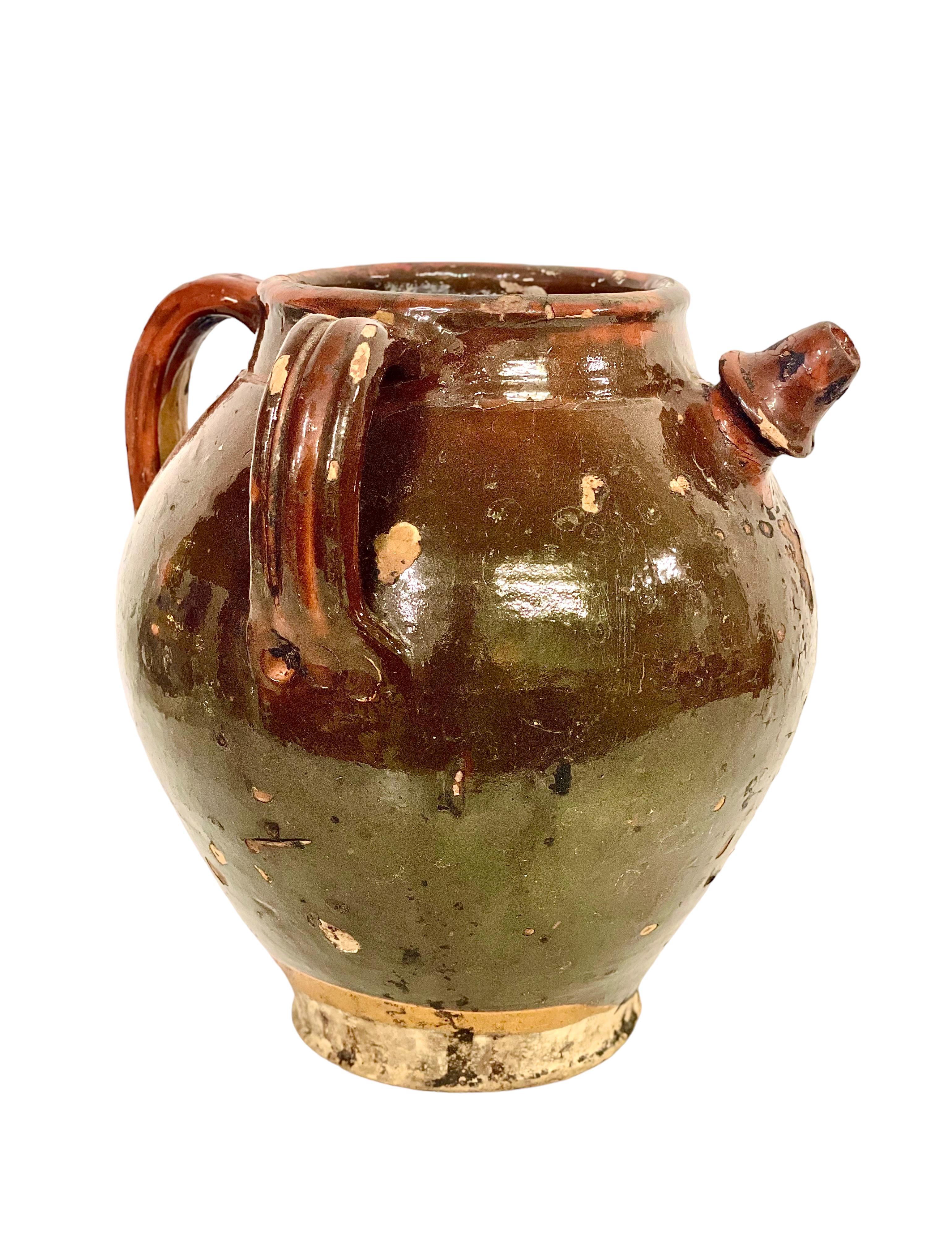 Glazed 19th C. Terracotta Jug with Three Handles For Sale