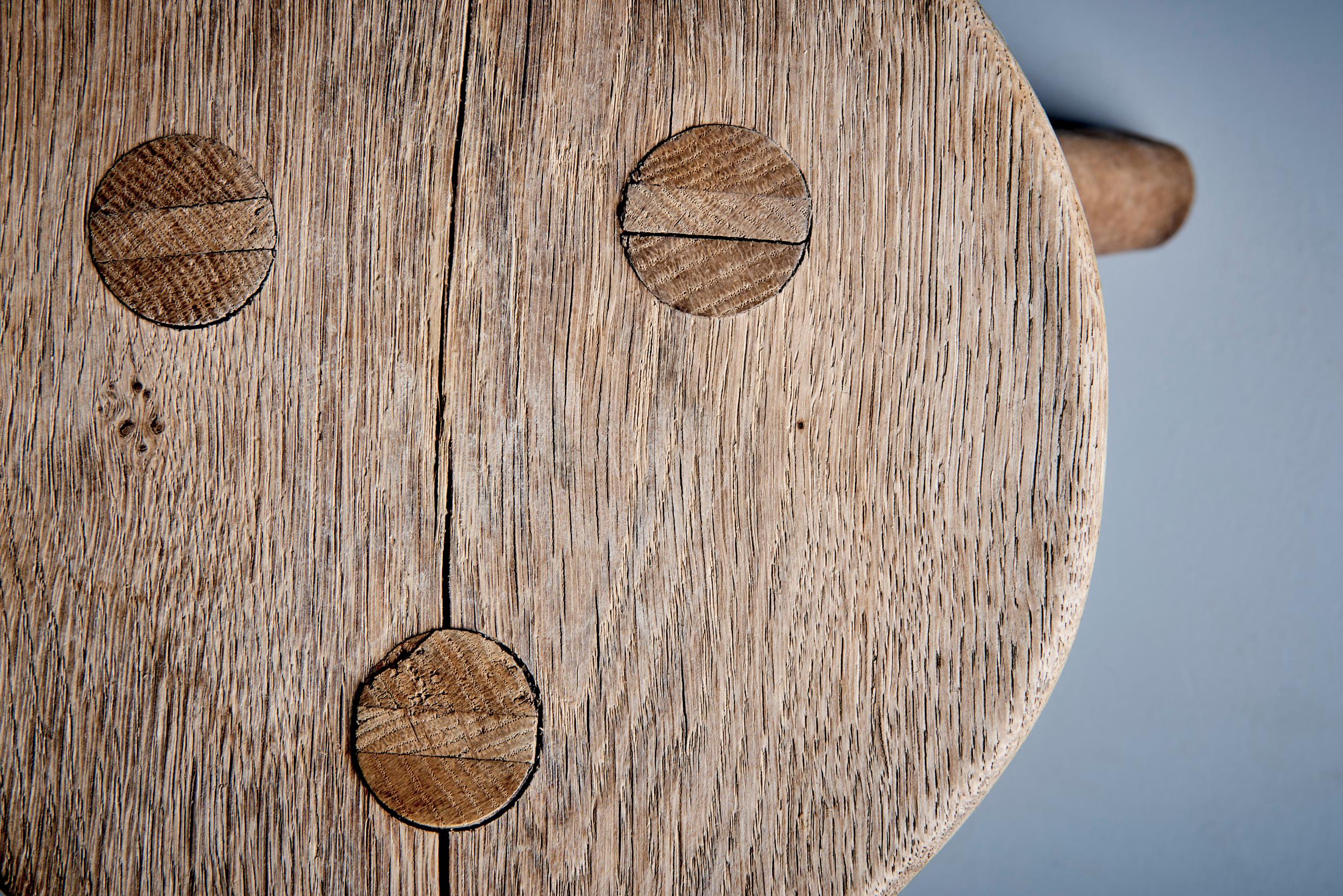 Mid-Century Modern Rustic Three-Legged Oak Stool For Sale
