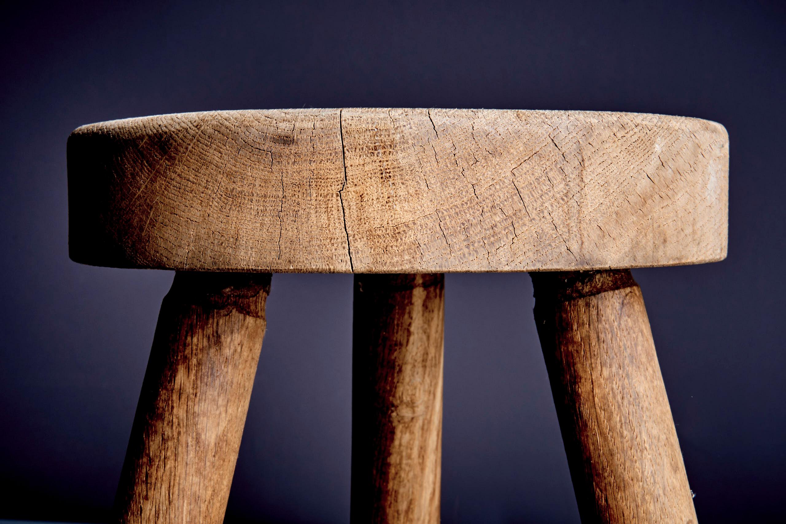 French Rustic Three-Legged Oak Stool For Sale