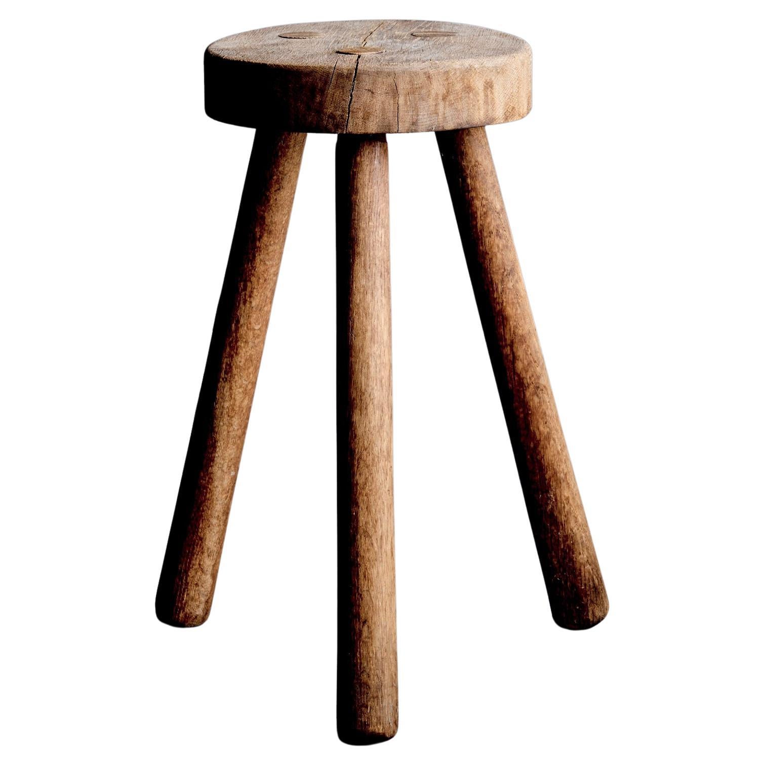 Rustic Three-Legged Oak Stool For Sale